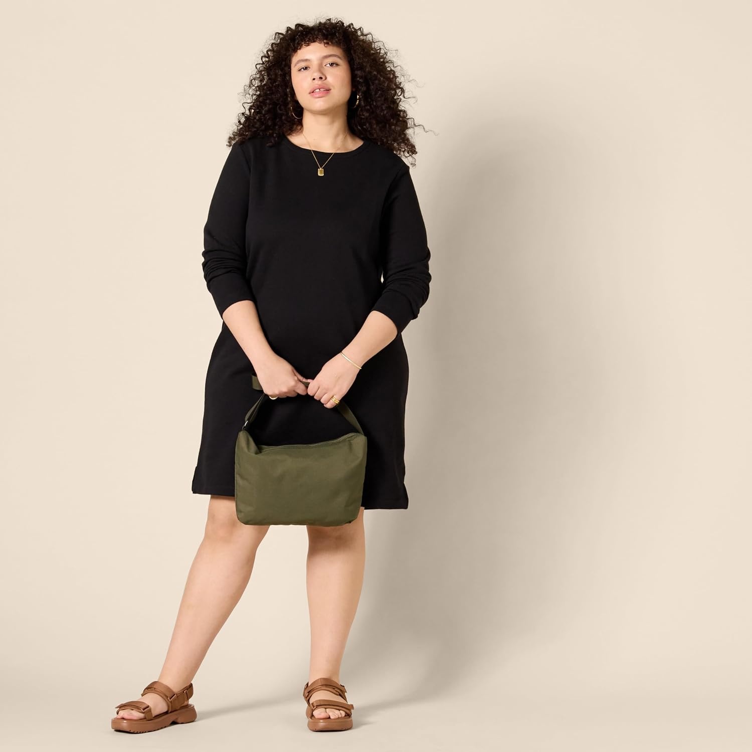 image:imageAmazon Essentials Womens Long Sleeve Crewneck Fleece AboveTheKnee Dress with Ribbed DetailBlack