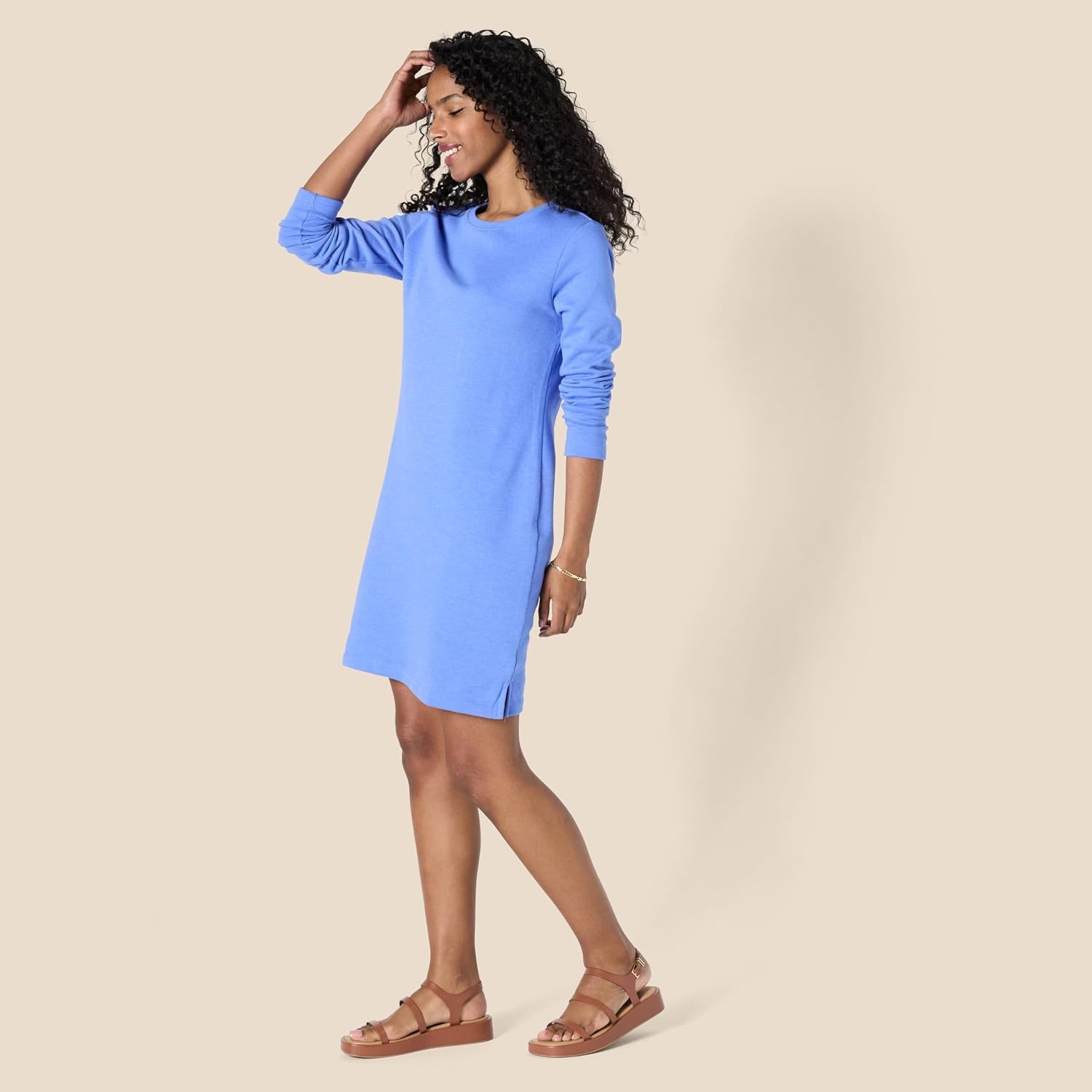 image:imageAmazon Essentials Womens Long Sleeve Crewneck Fleece AboveTheKnee Dress with Ribbed DetailBlue Heather