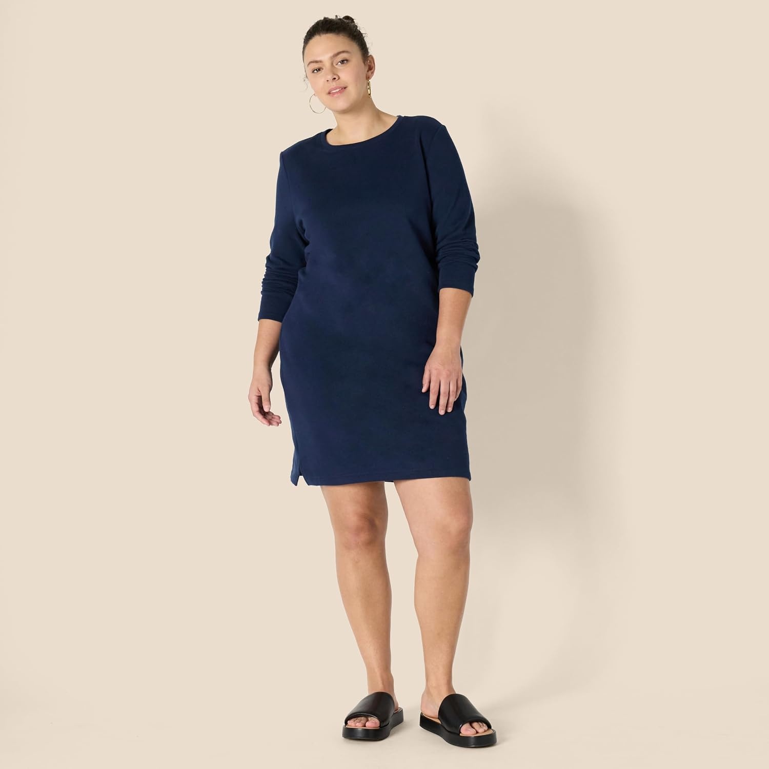 image:imageAmazon Essentials Womens Long Sleeve Crewneck Fleece AboveTheKnee Dress with Ribbed DetailNavy