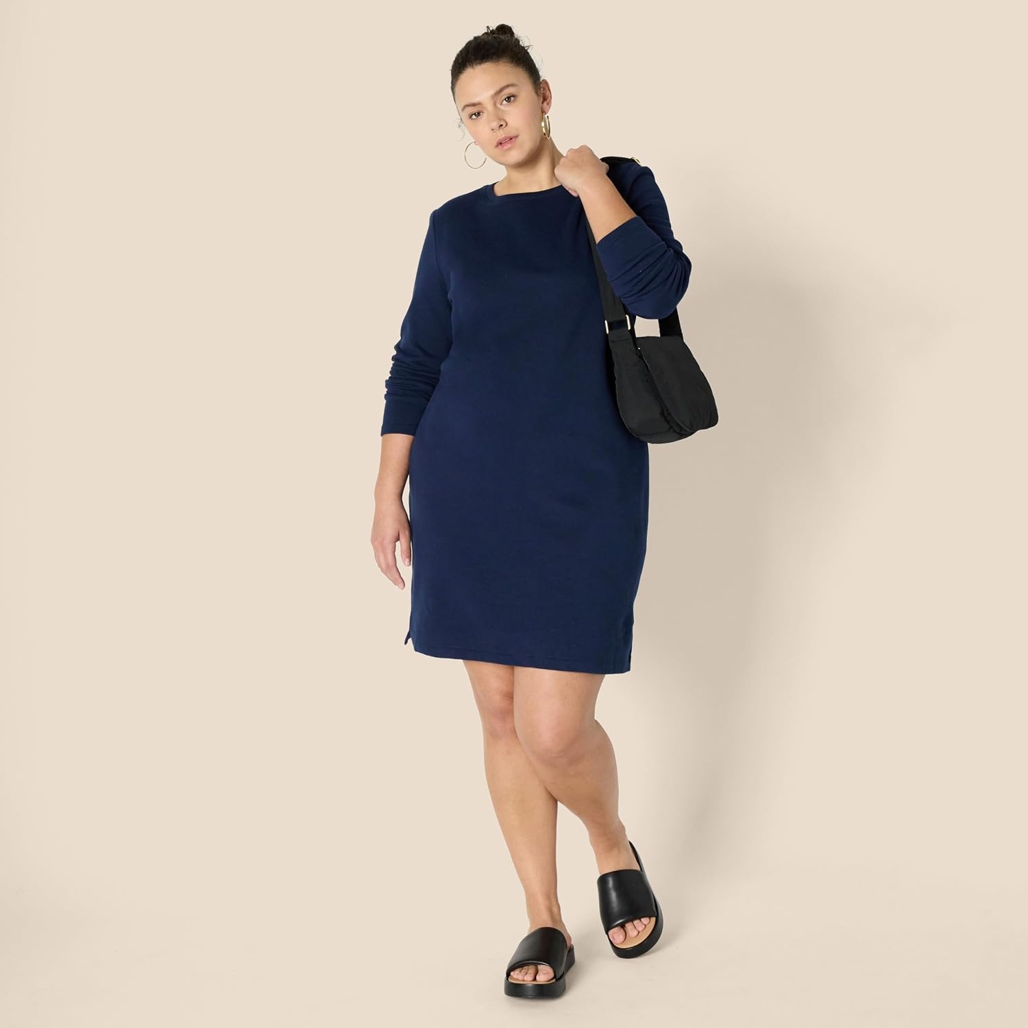 image:imageAmazon Essentials Womens Long Sleeve Crewneck Fleece AboveTheKnee Dress with Ribbed DetailNavy