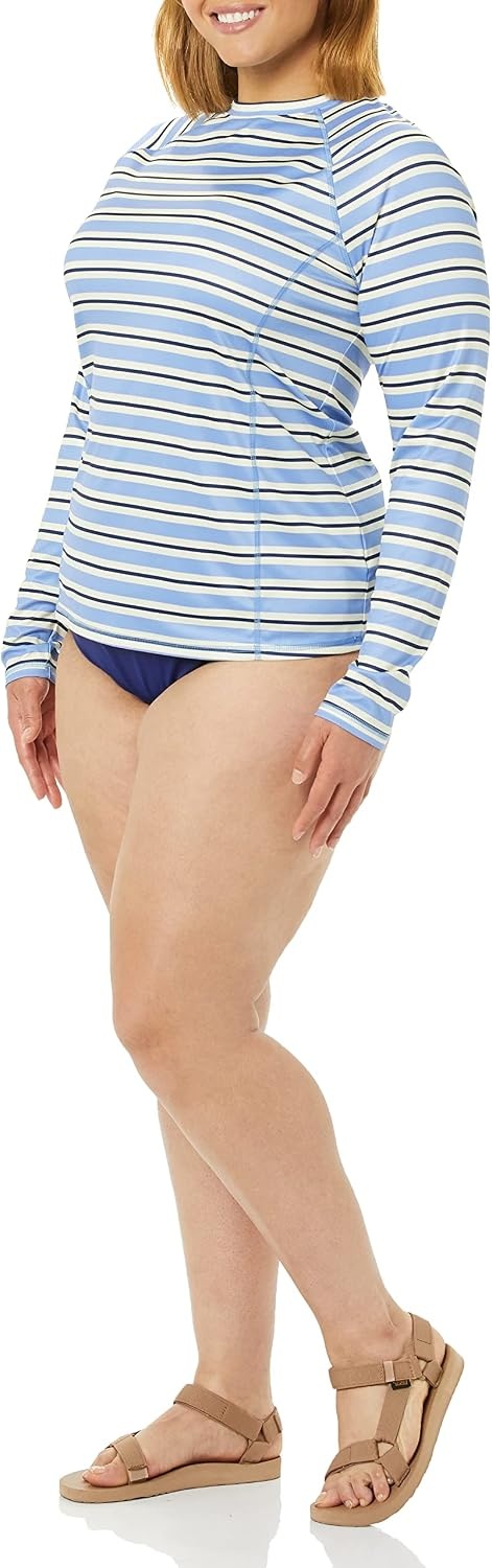 image:imageAmazon Essentials Womens Long Sleeve Rash GuardBlue Horizontal Stripe