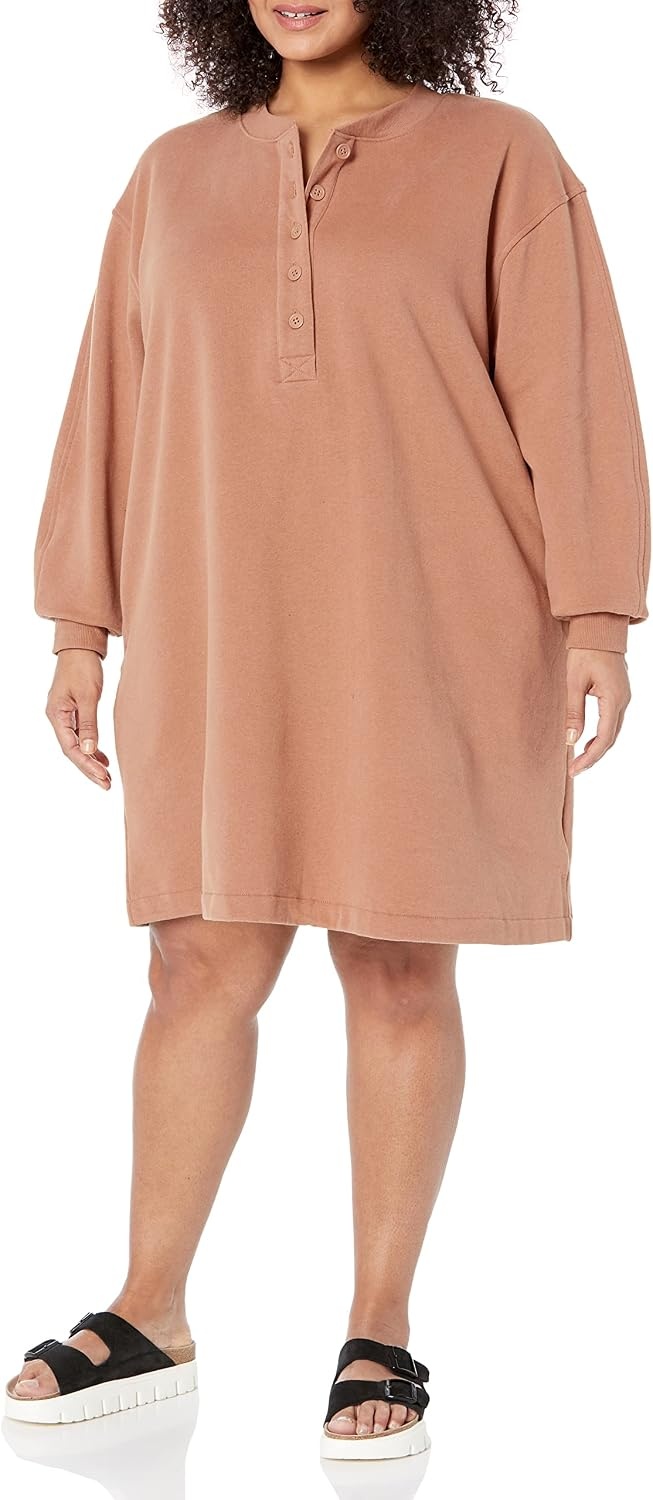 image:imageAmazon Essentials Womens Long Sleeve Sweatshirt DressLight Brown