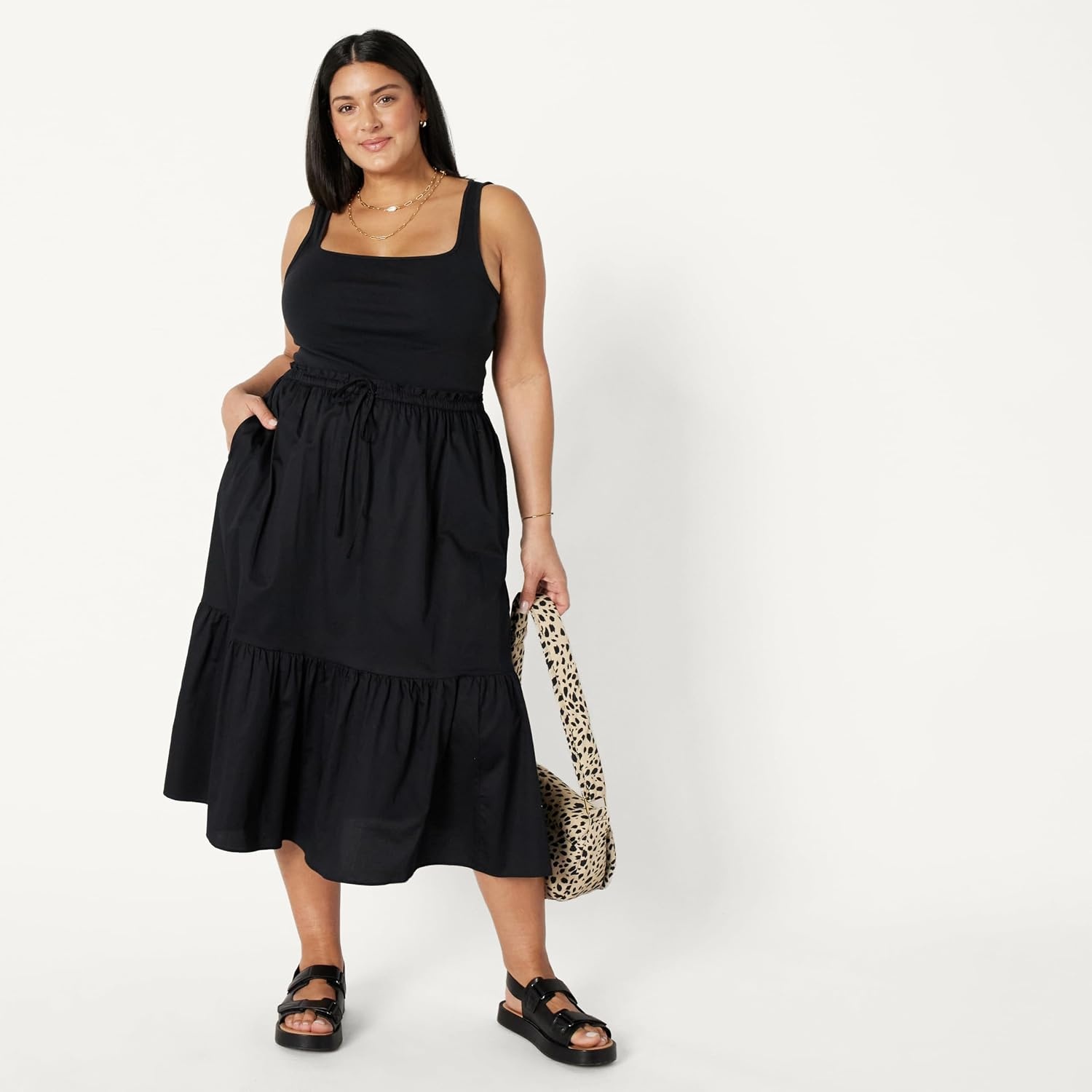 image:imageAmazon Essentials Womens MidRise Aline Cotton Sateen Tiered Midi Skirt Top Sold SeparatelyBlack