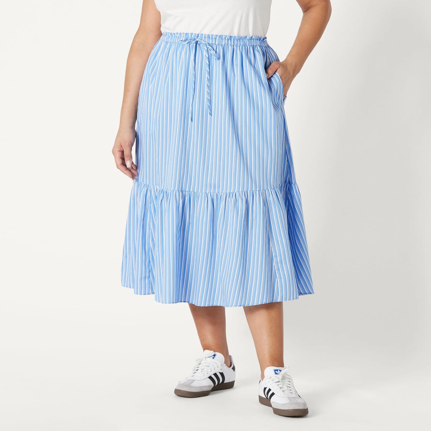 image:imageAmazon Essentials Womens MidRise Aline Cotton Sateen Tiered Midi Skirt Top Sold SeparatelyBlue White Stripe