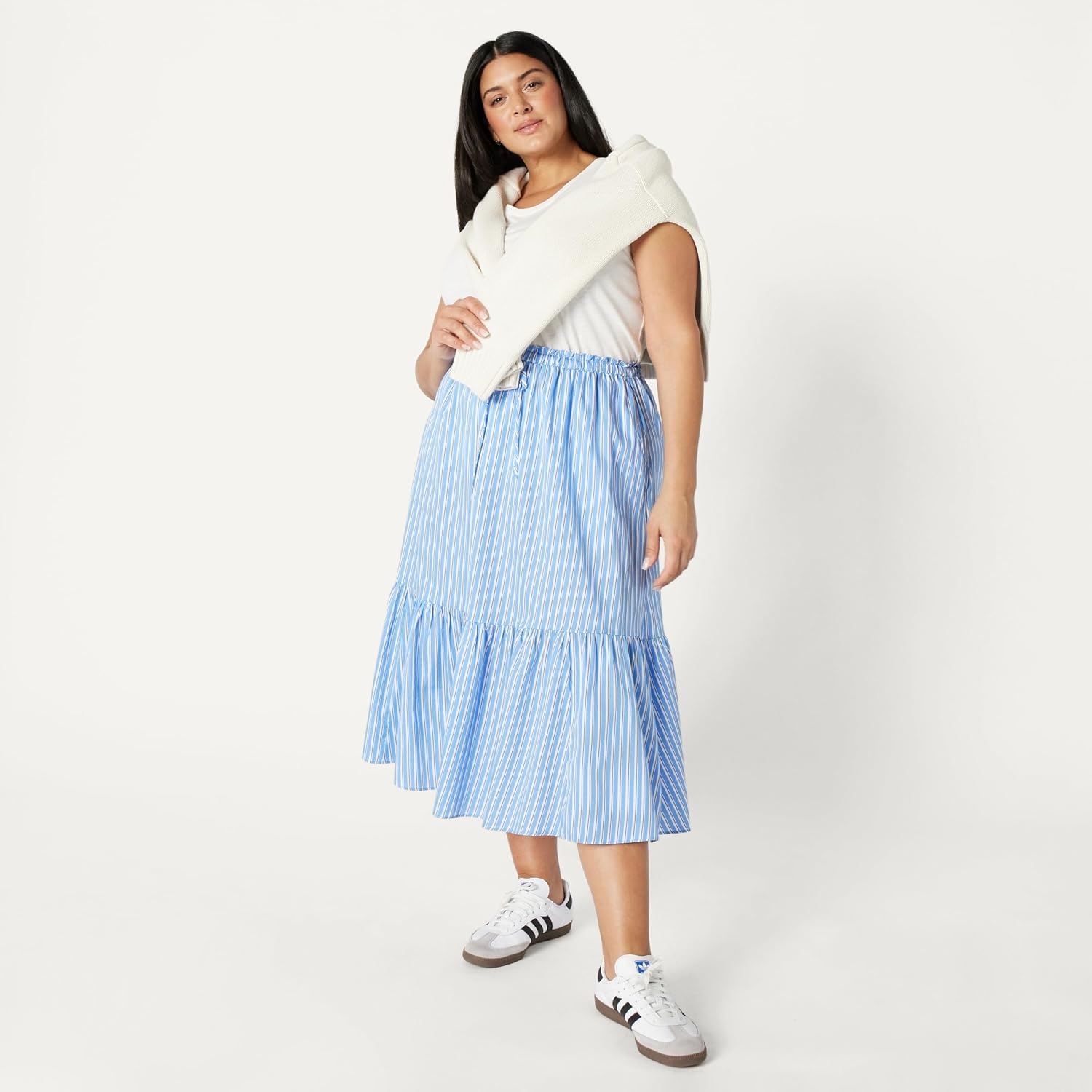 image:imageAmazon Essentials Womens MidRise Aline Cotton Sateen Tiered Midi Skirt Top Sold SeparatelyBlue White Stripe