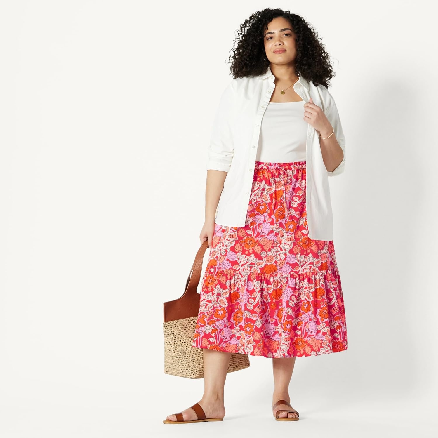 image:imageAmazon Essentials Womens MidRise Aline Cotton Sateen Tiered Midi Skirt Top Sold SeparatelyBright Poppy Red Folk Floral Multi