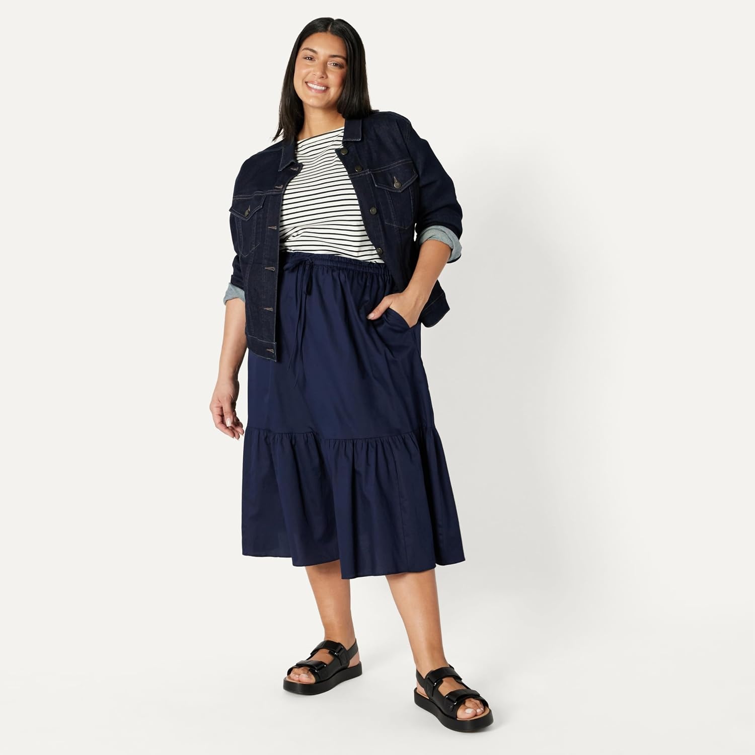 image:imageAmazon Essentials Womens MidRise Aline Cotton Sateen Tiered Midi Skirt Top Sold SeparatelyNavy