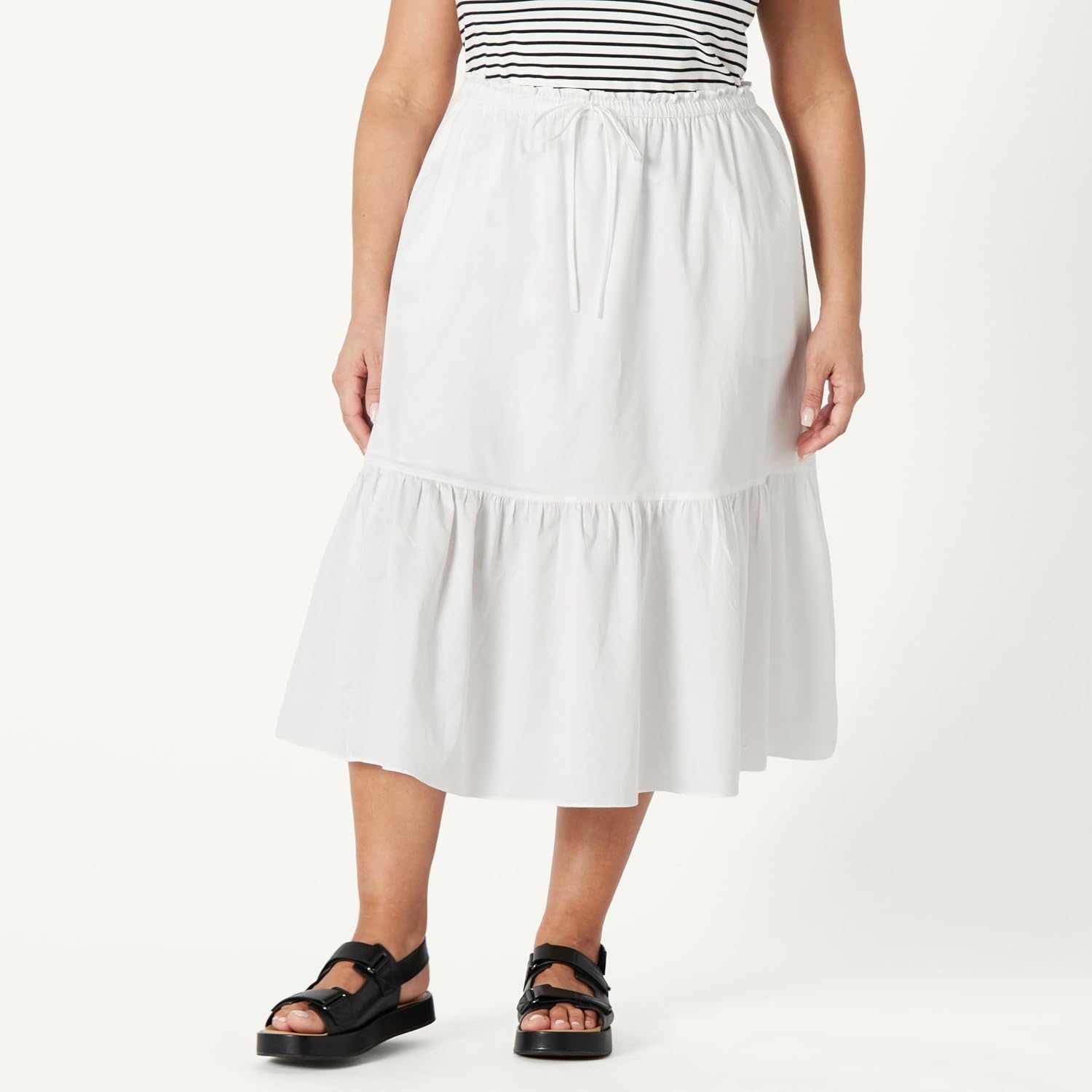 image:imageAmazon Essentials Womens MidRise Aline Cotton Sateen Tiered Midi Skirt Top Sold SeparatelyWhite