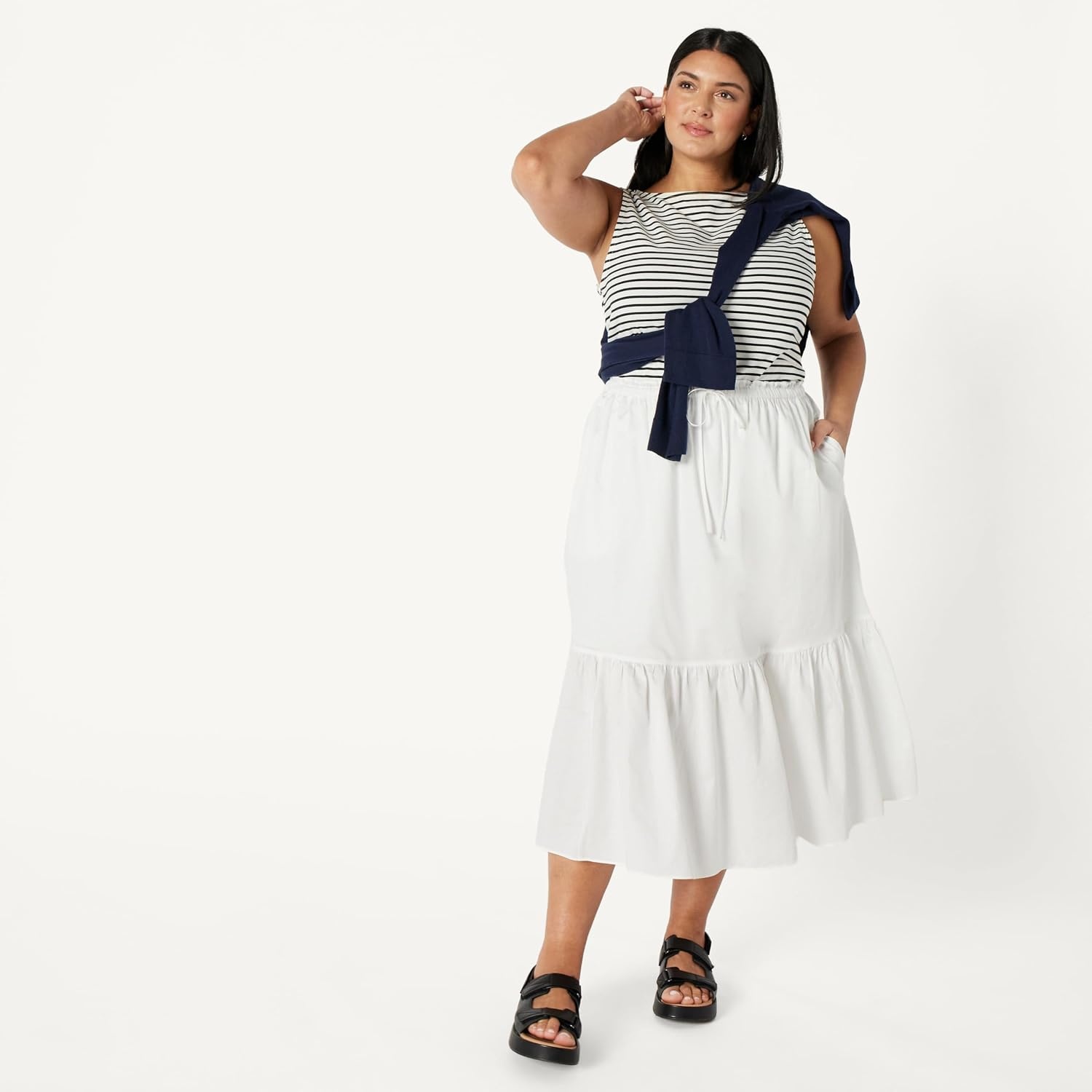 image:imageAmazon Essentials Womens MidRise Aline Cotton Sateen Tiered Midi Skirt Top Sold SeparatelyWhite