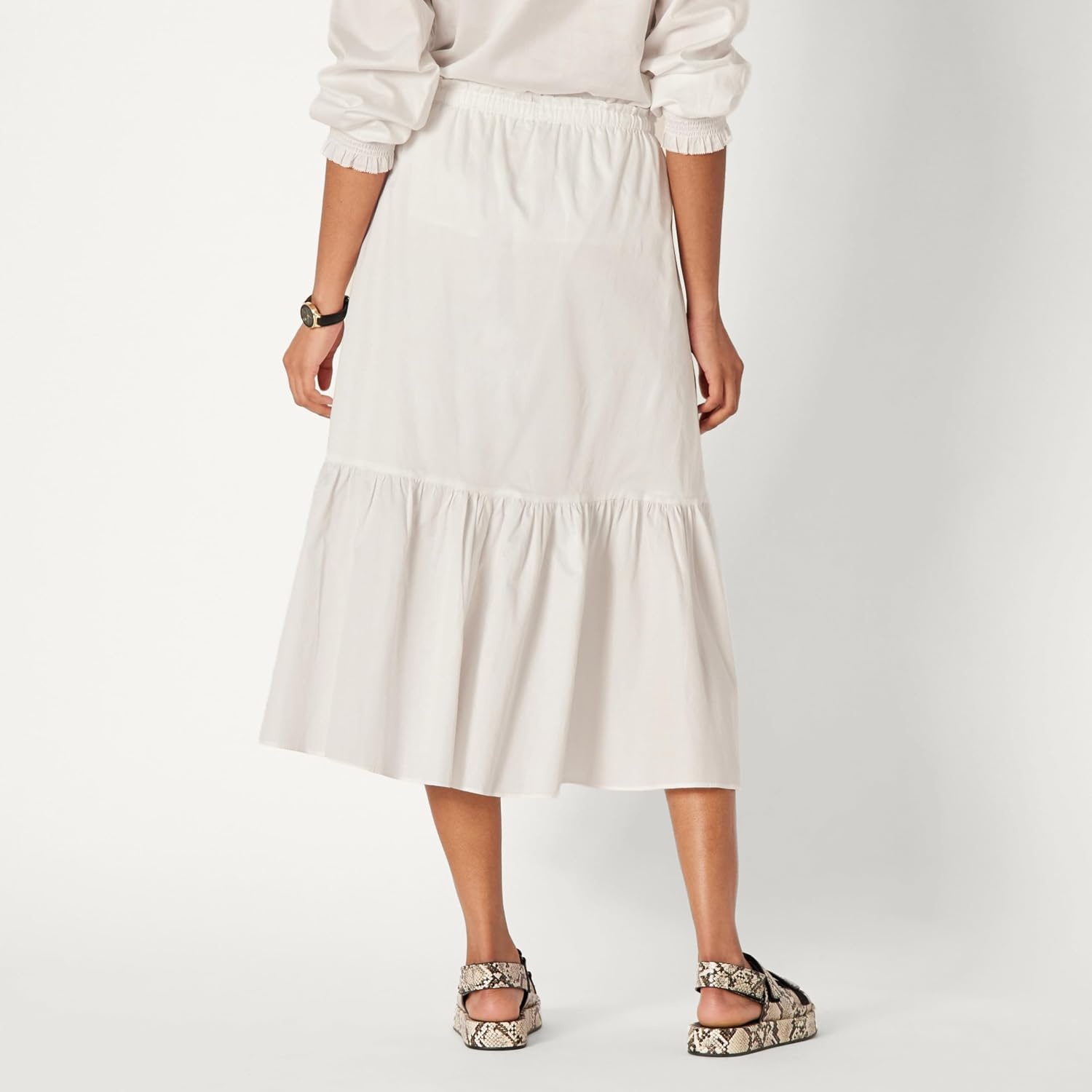 image:imageAmazon Essentials Womens MidRise Aline Cotton Sateen Tiered Midi Skirt Top Sold SeparatelyWhite
