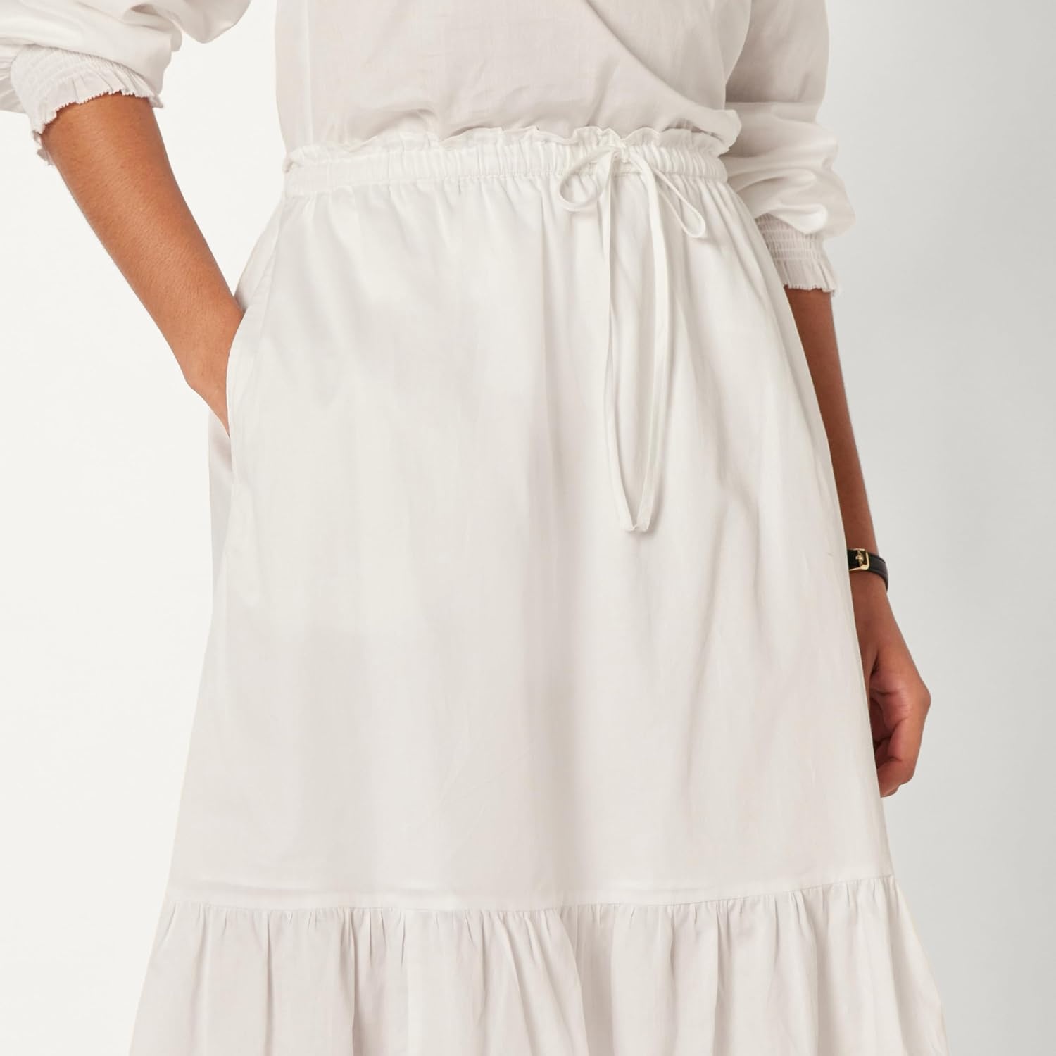 image:imageAmazon Essentials Womens MidRise Aline Cotton Sateen Tiered Midi Skirt Top Sold SeparatelyWhite