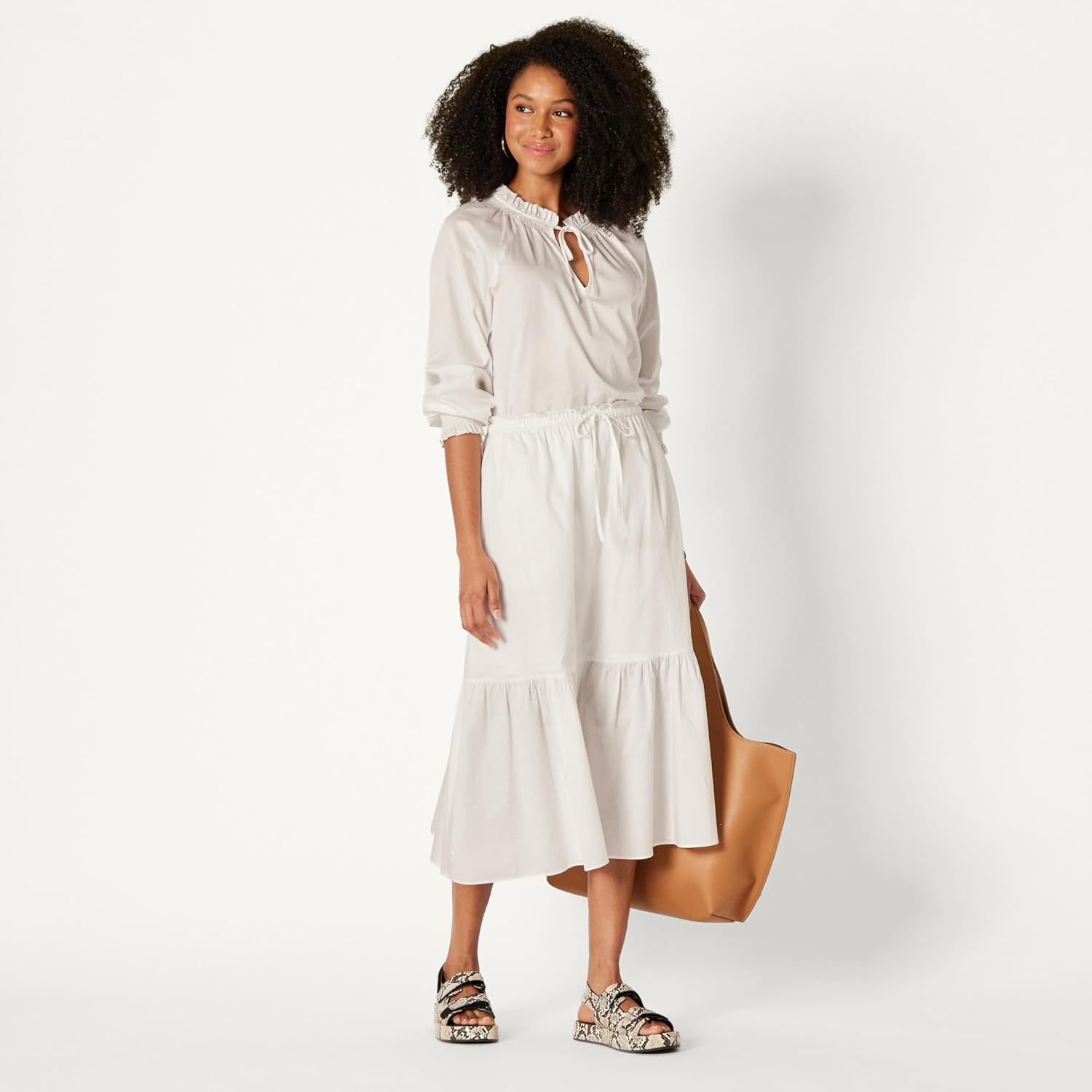 image:imageAmazon Essentials Womens MidRise Aline Cotton Sateen Tiered Midi Skirt Top Sold SeparatelyWhite