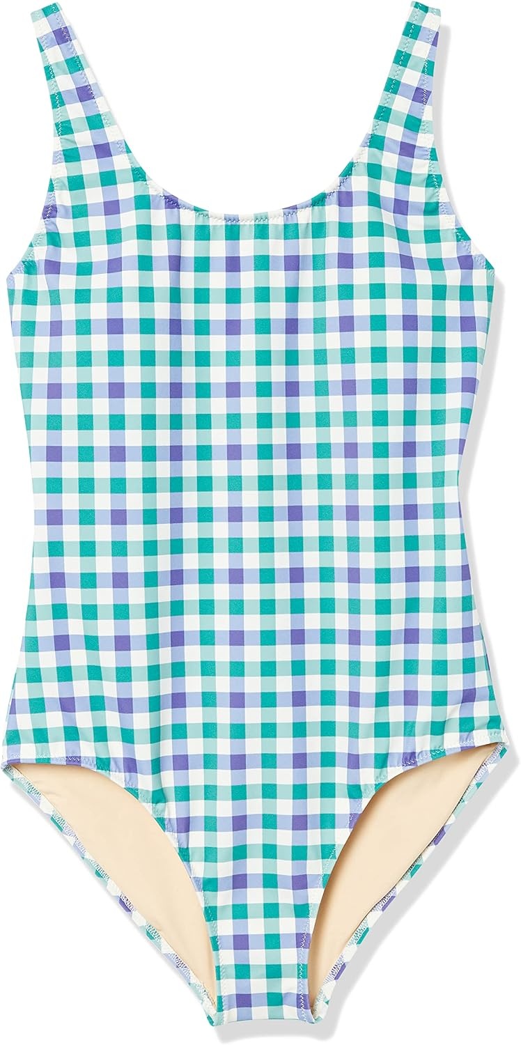 image:imageAmazon Essentials Womens OnePiece Scoop Neck Coverage Swimsuit Available in Plus SizeBlue Green Gingham