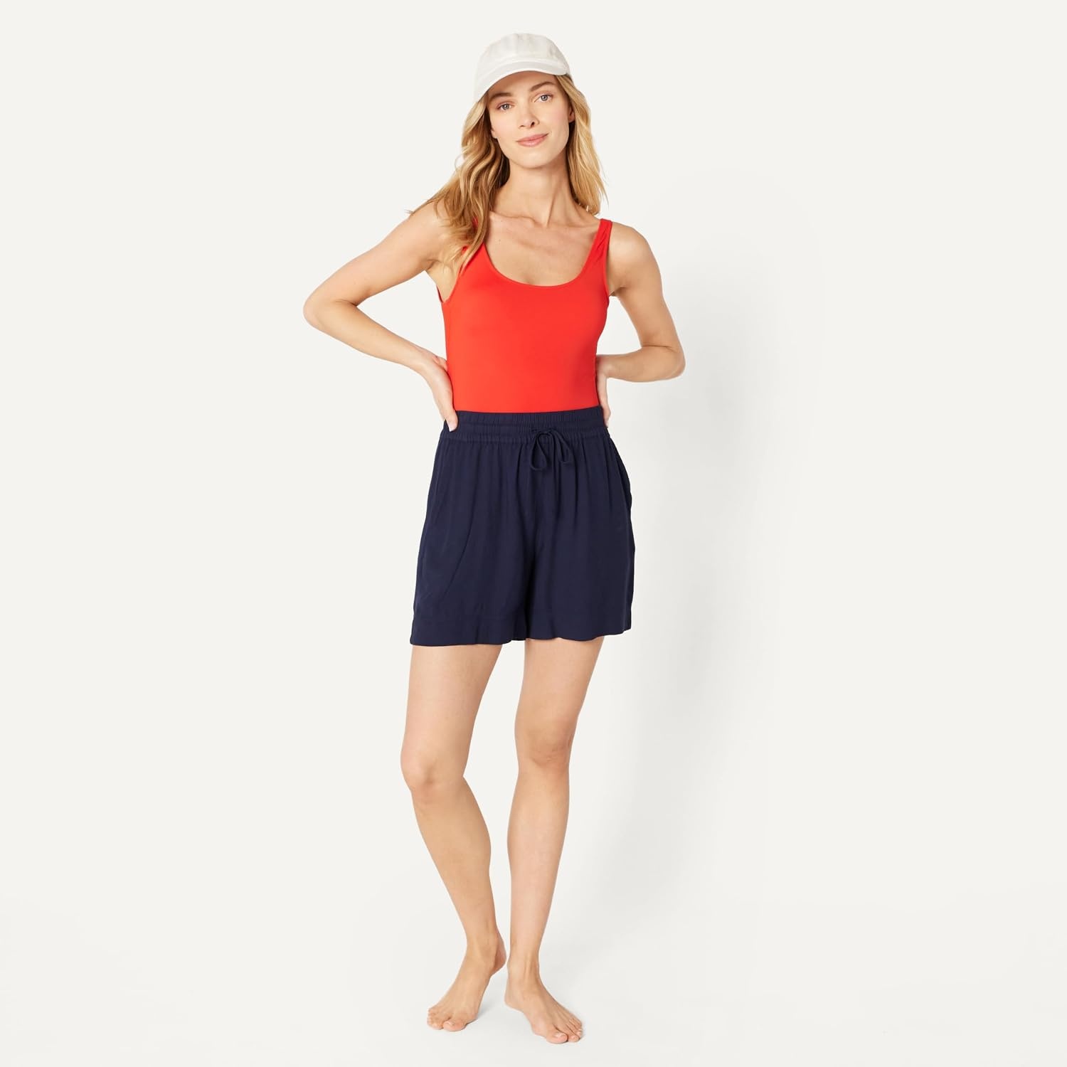 image:imageAmazon Essentials Womens OnePiece Scoop Neck Coverage Swimsuit Available in Plus SizeBright Poppy Red