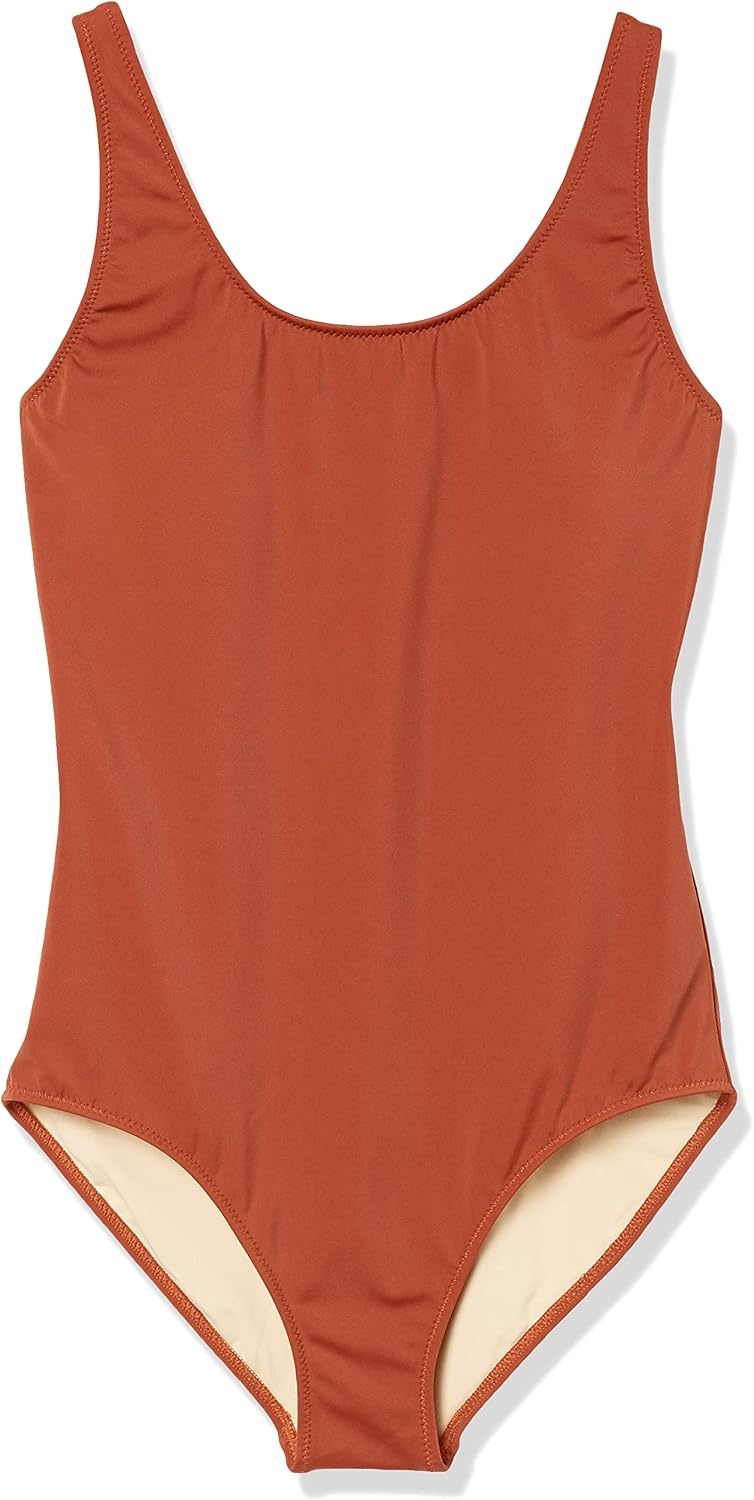 image:imageAmazon Essentials Womens OnePiece Scoop Neck Coverage Swimsuit Available in Plus SizeBrown