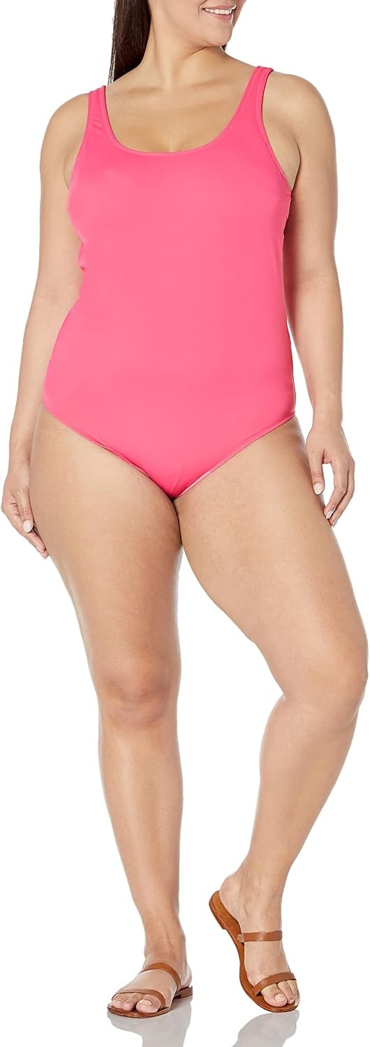 image:imageAmazon Essentials Womens OnePiece Scoop Neck Coverage Swimsuit Available in Plus SizeHot Pink