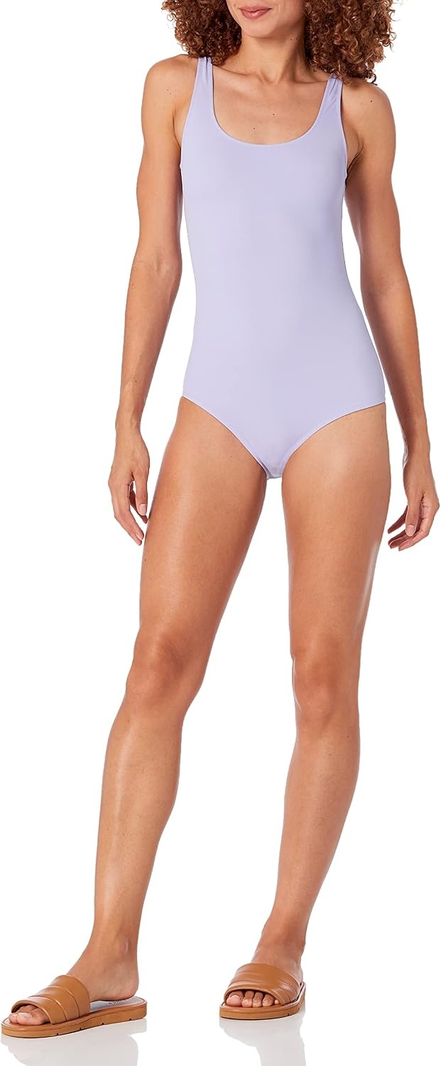 image:imageAmazon Essentials Womens OnePiece Scoop Neck Coverage Swimsuit Available in Plus SizeLavender