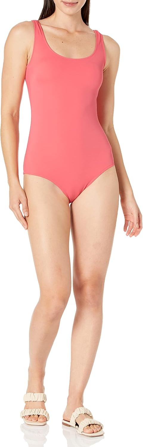 image:imageAmazon Essentials Womens OnePiece Scoop Neck Coverage Swimsuit Available in Plus SizeSalmon Pink