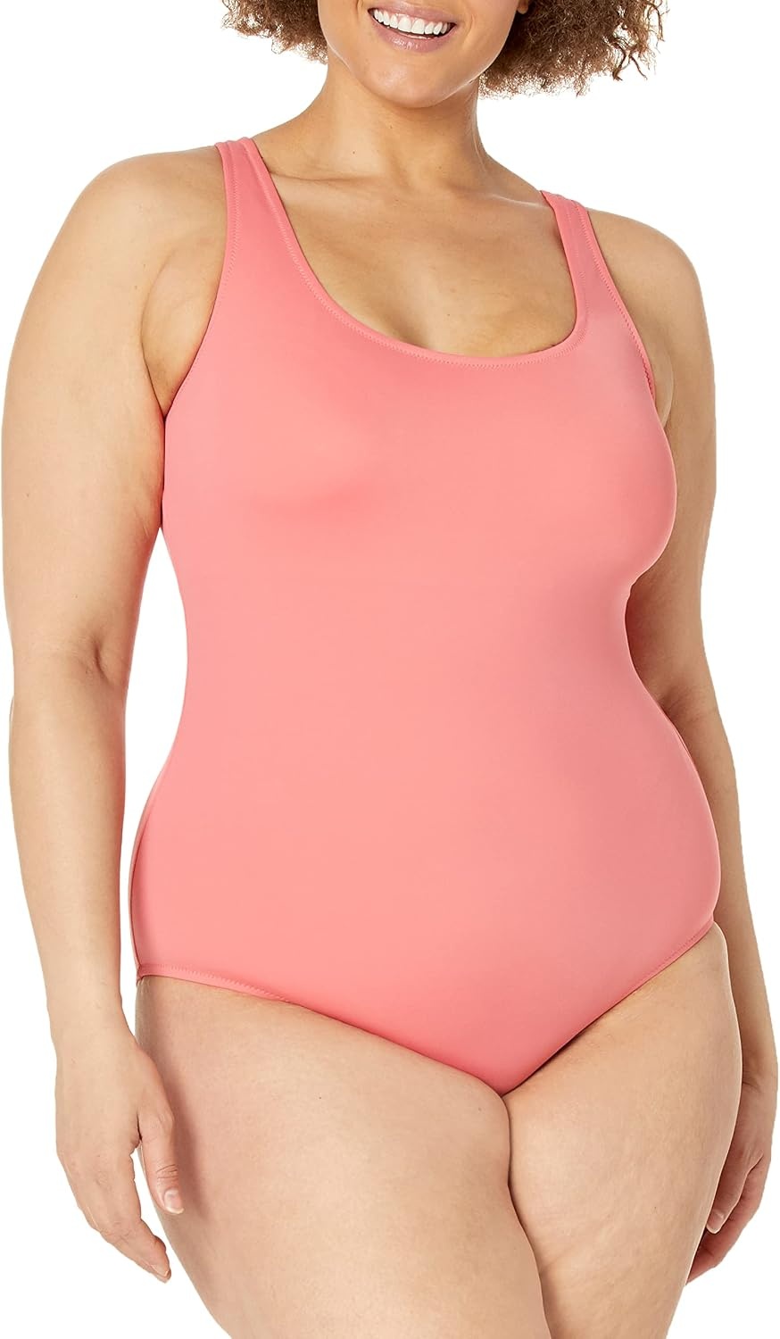 image:imageAmazon Essentials Womens OnePiece Scoop Neck Coverage Swimsuit Available in Plus SizeSalmon Pink