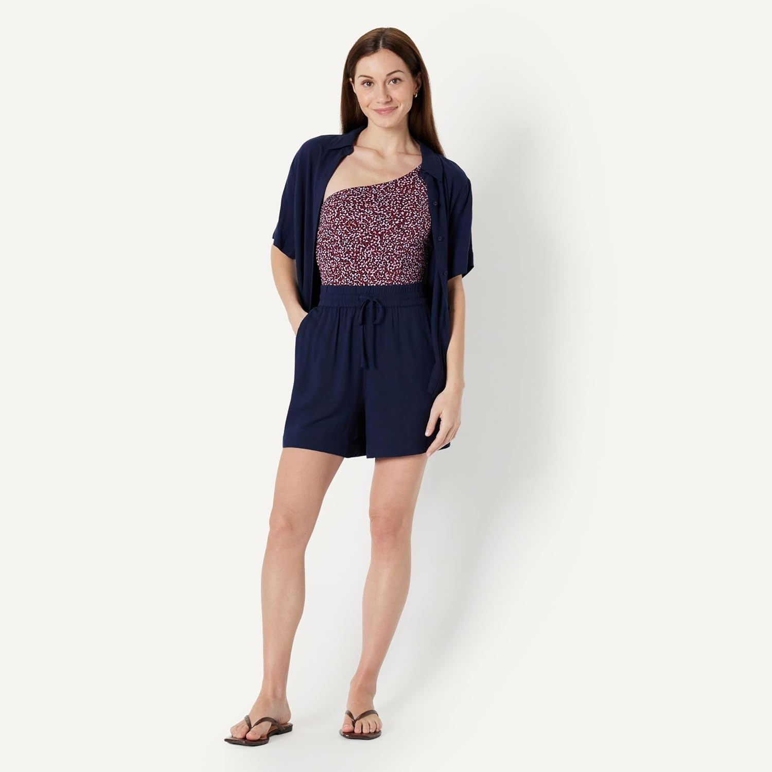 image:imageAmazon Essentials Womens OneShoulder OnePiece SwimsuitBrick Red Lilac Leopard