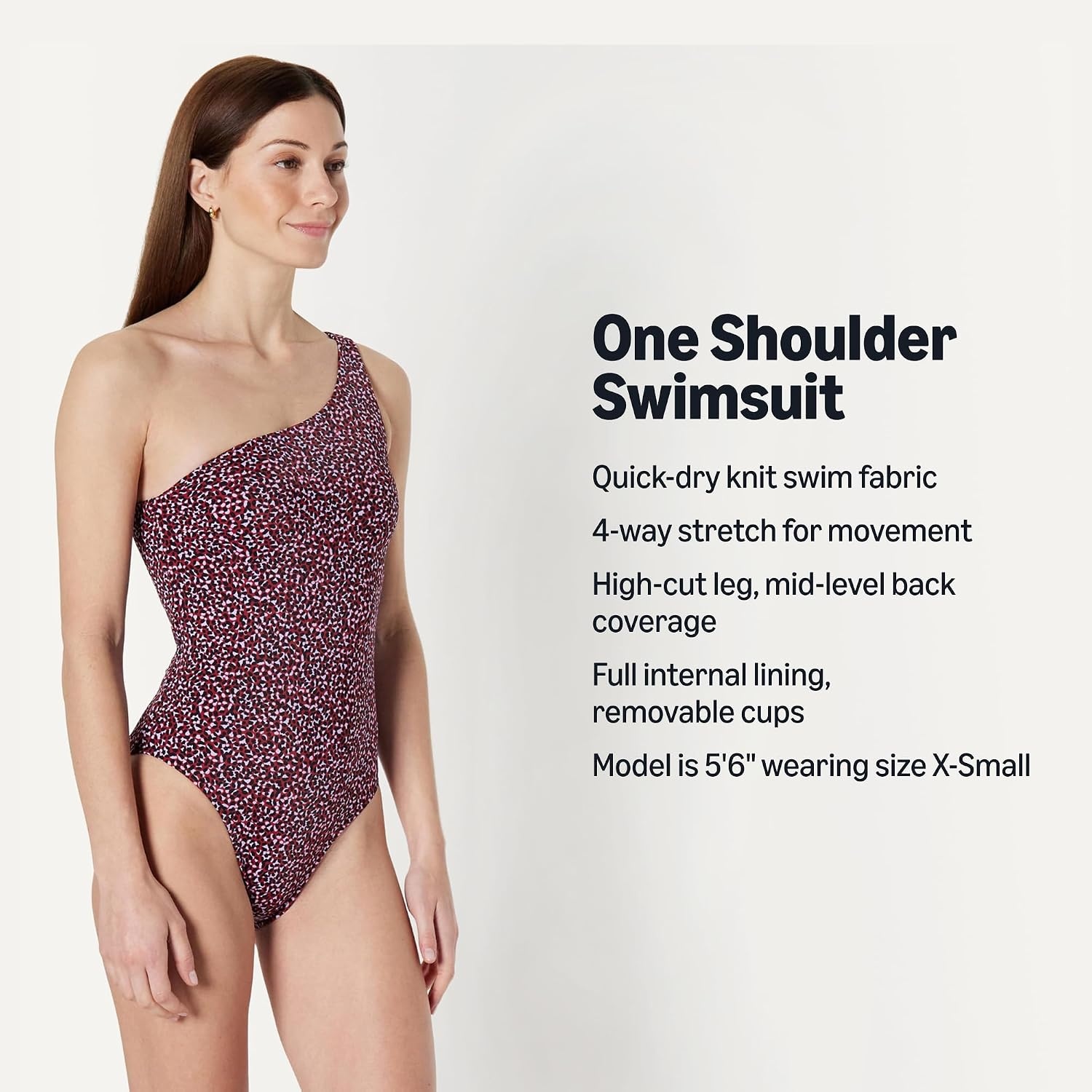 image:imageAmazon Essentials Womens OneShoulder OnePiece SwimsuitBrick Red Lilac Leopard