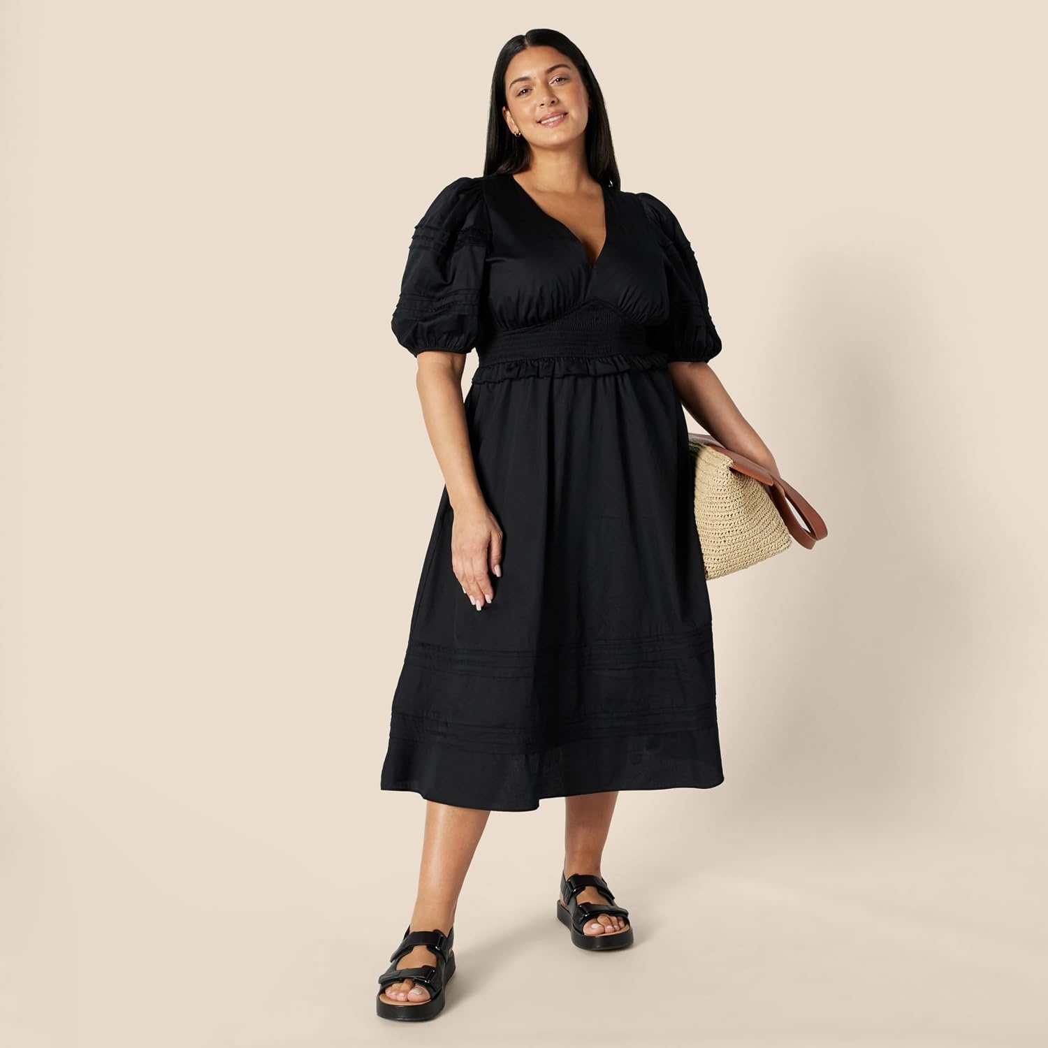 image:imageAmazon Essentials Womens RegularFit Cotton Sateen Puff Sleeve Midi Dress VNeckBlack
