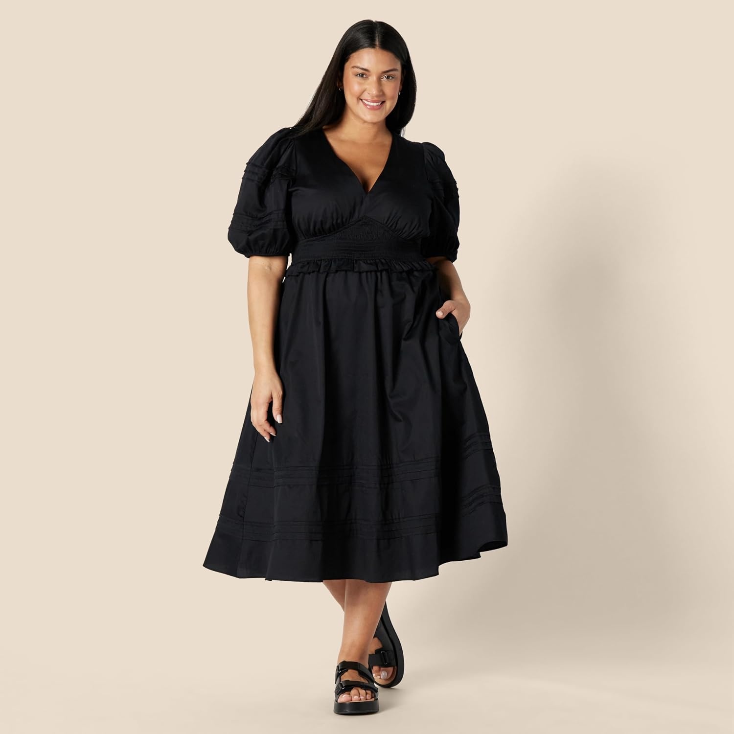 image:imageAmazon Essentials Womens RegularFit Cotton Sateen Puff Sleeve Midi Dress VNeckBlack