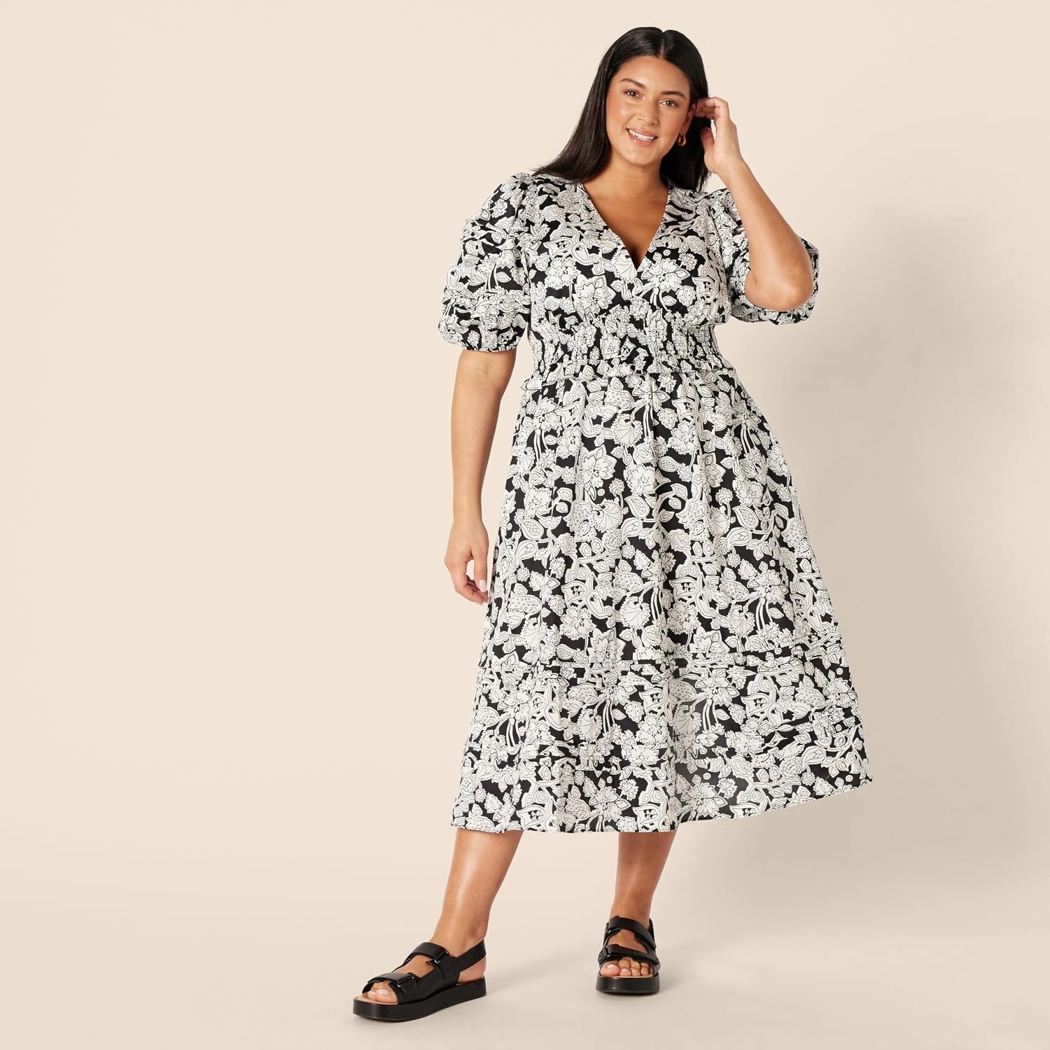 image:imageAmazon Essentials Womens RegularFit Cotton Sateen Puff Sleeve Midi Dress VNeckBlack Ivory Folk Floral
