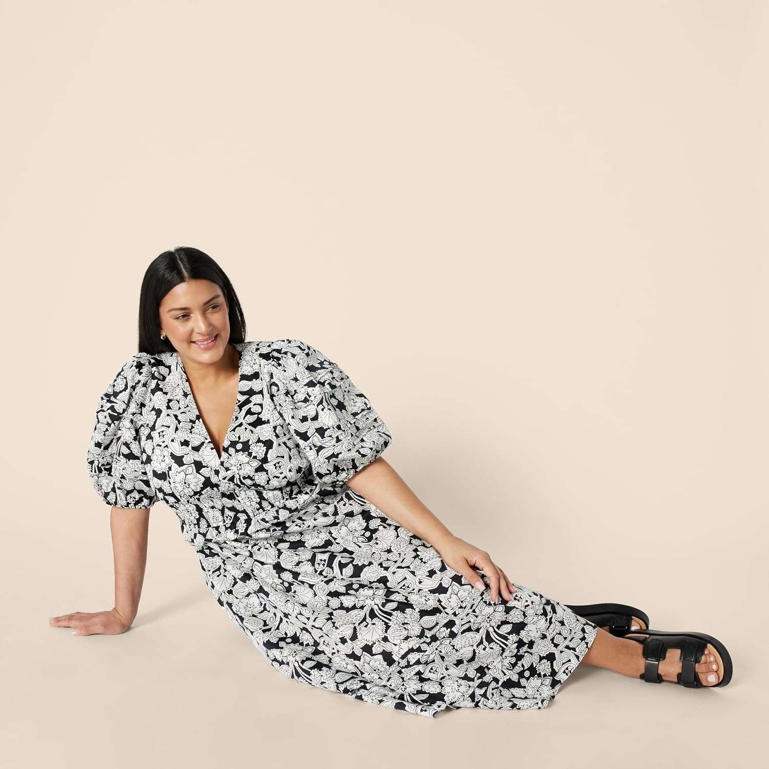 image:imageAmazon Essentials Womens RegularFit Cotton Sateen Puff Sleeve Midi Dress VNeckBlack Ivory Folk Floral