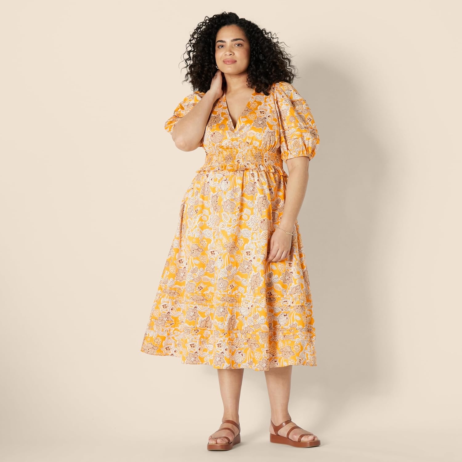 image:imageAmazon Essentials Womens RegularFit Cotton Sateen Puff Sleeve Midi Dress VNeckGolden Yellow Beige Multi Folk Floral