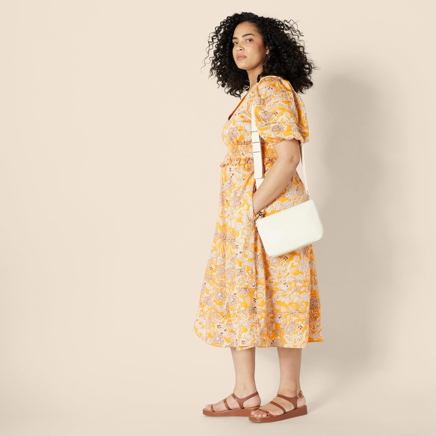 image:imageAmazon Essentials Womens RegularFit Cotton Sateen Puff Sleeve Midi Dress VNeckGolden Yellow Beige Multi Folk Floral