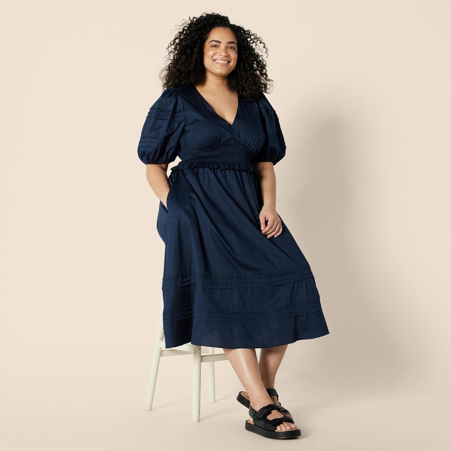 image:imageAmazon Essentials Womens RegularFit Cotton Sateen Puff Sleeve Midi Dress VNeckNavy