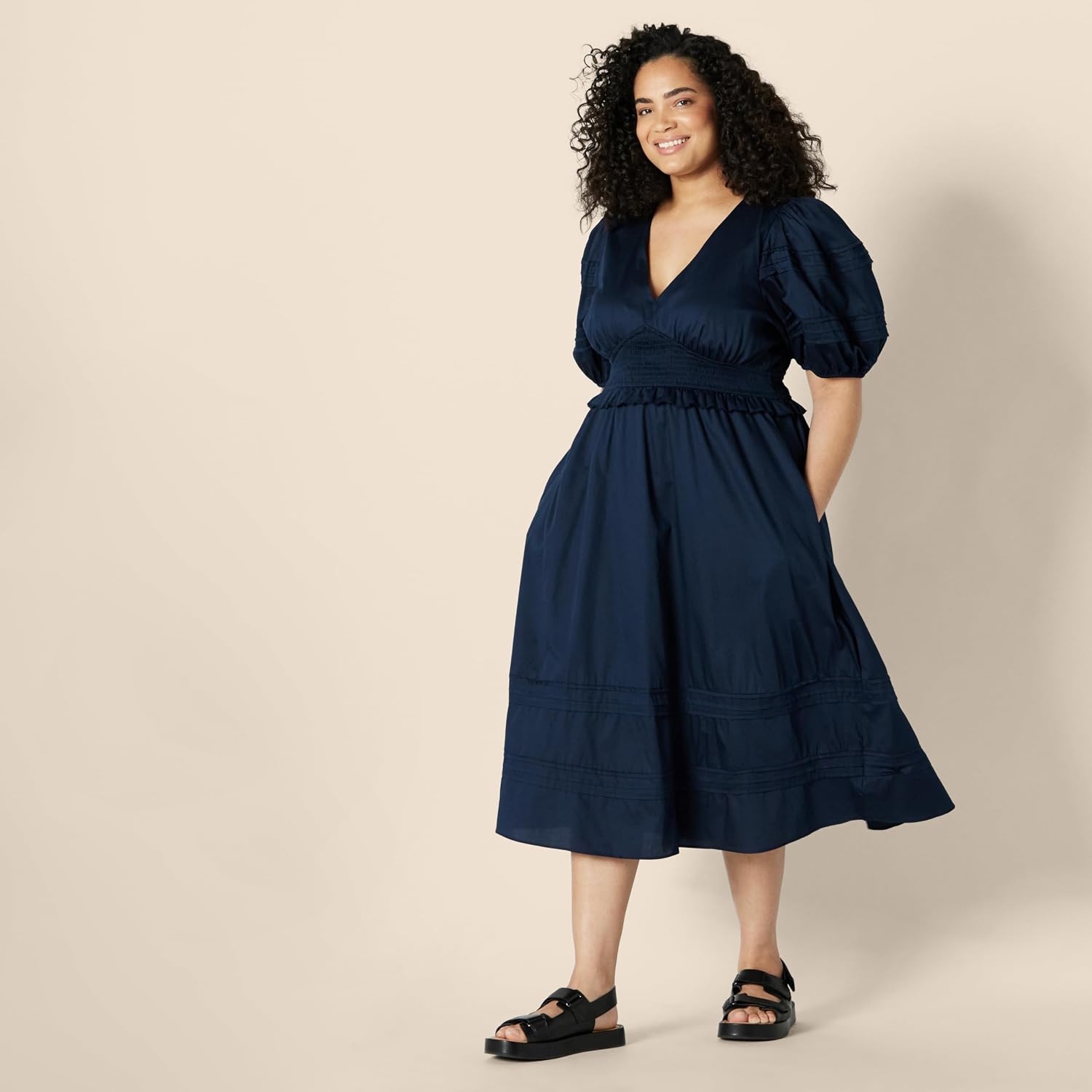 image:imageAmazon Essentials Womens RegularFit Cotton Sateen Puff Sleeve Midi Dress VNeckNavy