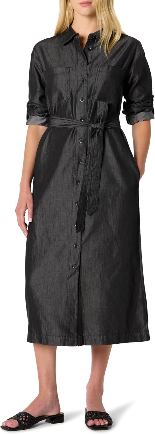 image:imageAmazon Essentials Womens RegularFit Denim Chambray LongSleeve DressBlack Wash