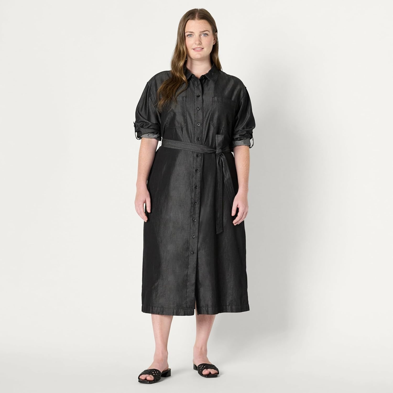 image:imageAmazon Essentials Womens RegularFit Denim Chambray LongSleeve DressBlack Wash