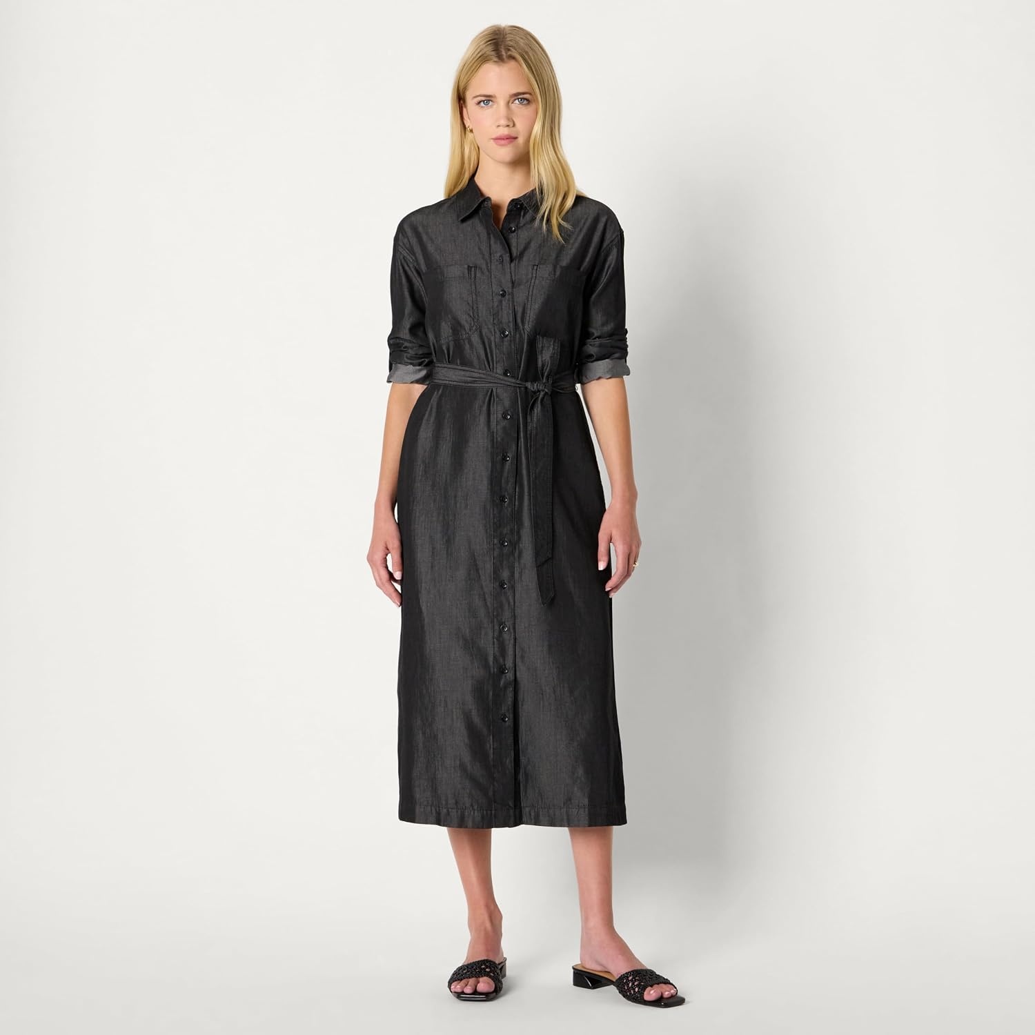 image:imageAmazon Essentials Womens RegularFit Denim Chambray LongSleeve DressBlack Wash