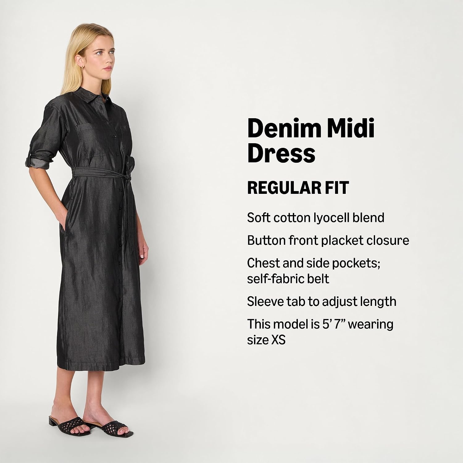 image:imageAmazon Essentials Womens RegularFit Denim Chambray LongSleeve DressBlack Wash