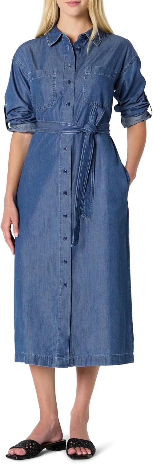 image:imageAmazon Essentials Womens RegularFit Denim Chambray LongSleeve DressClassic Medium Wash