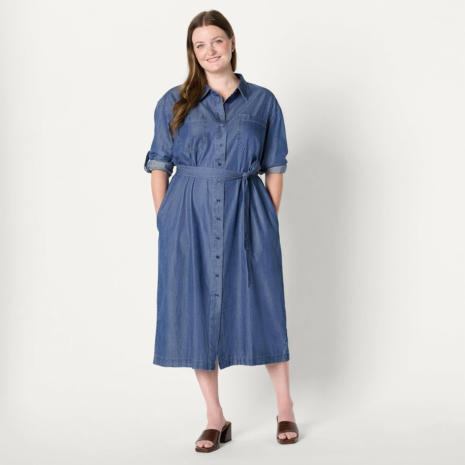 image:imageAmazon Essentials Womens RegularFit Denim Chambray LongSleeve DressClassic Medium Wash