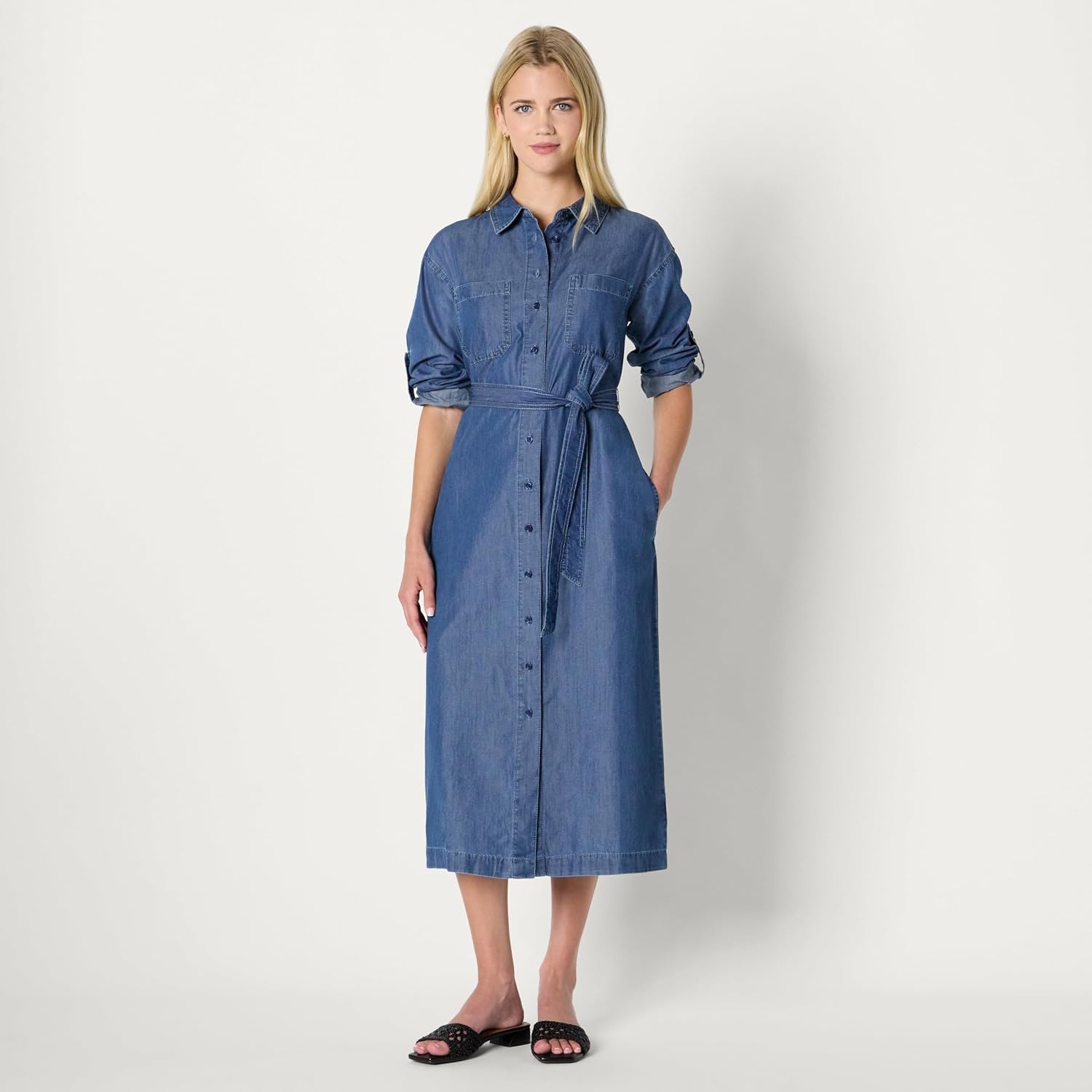image:imageAmazon Essentials Womens RegularFit Denim Chambray LongSleeve DressClassic Medium Wash