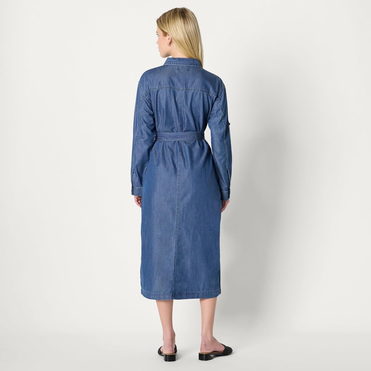 image:imageAmazon Essentials Womens RegularFit Denim Chambray LongSleeve DressClassic Medium Wash