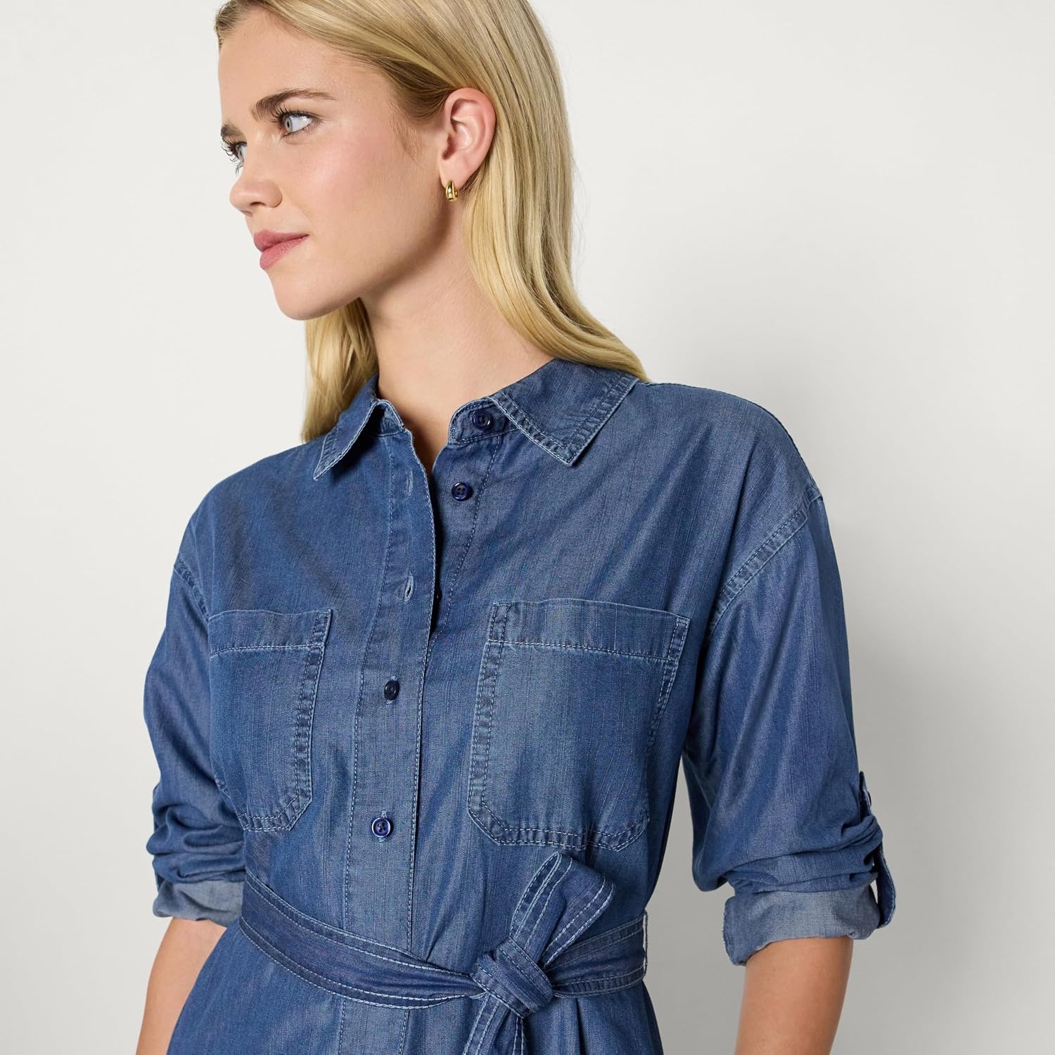 image:imageAmazon Essentials Womens RegularFit Denim Chambray LongSleeve DressClassic Medium Wash