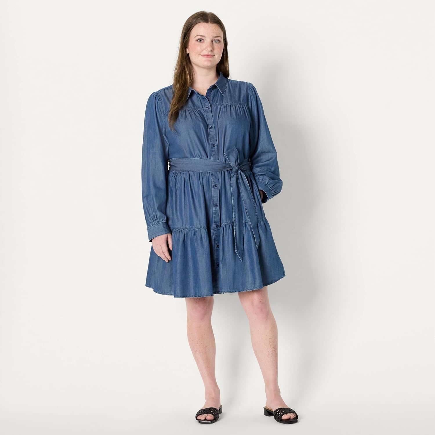 image:imageAmazon Essentials Womens RegularFit Denim Chambray LongSleeve DressClassic Medium Wash