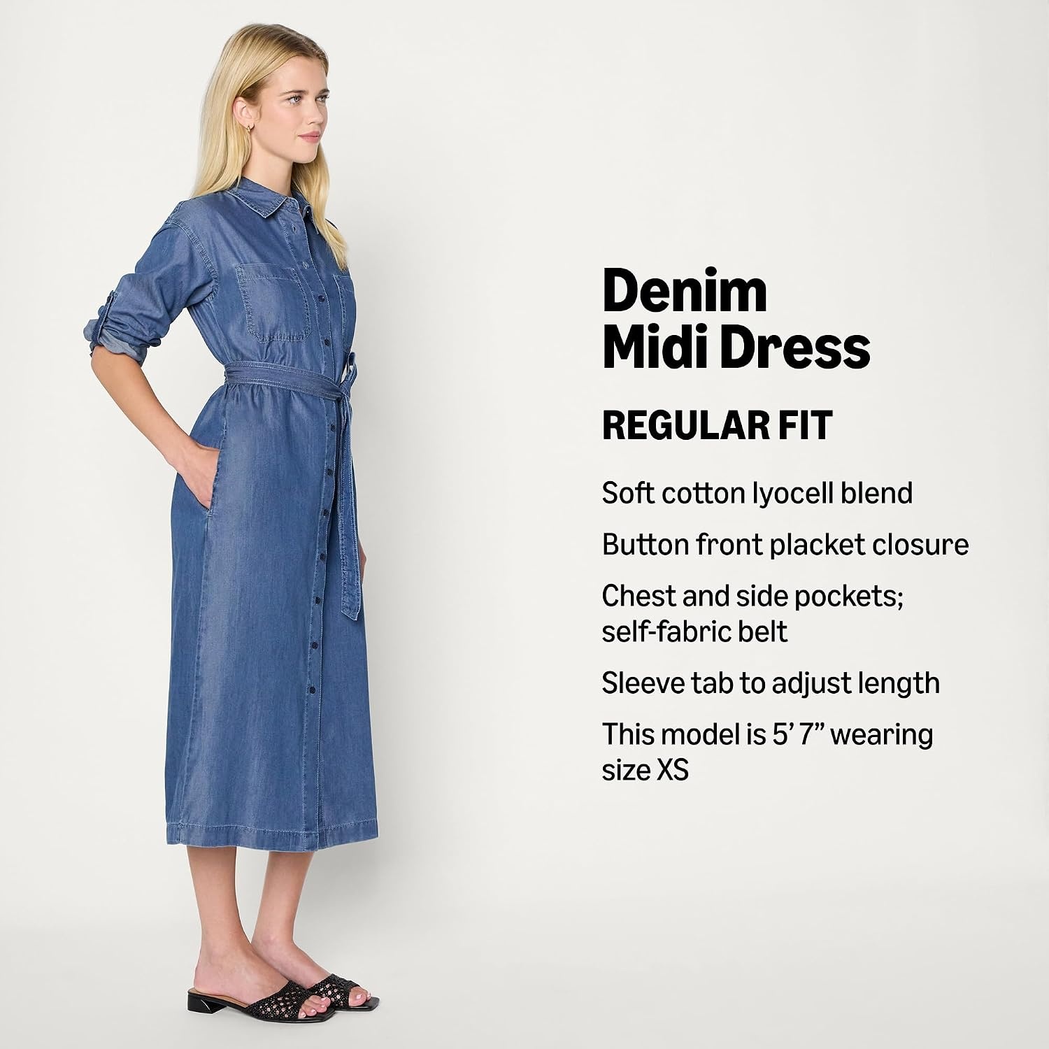 image:imageAmazon Essentials Womens RegularFit Denim Chambray LongSleeve DressClassic Medium Wash