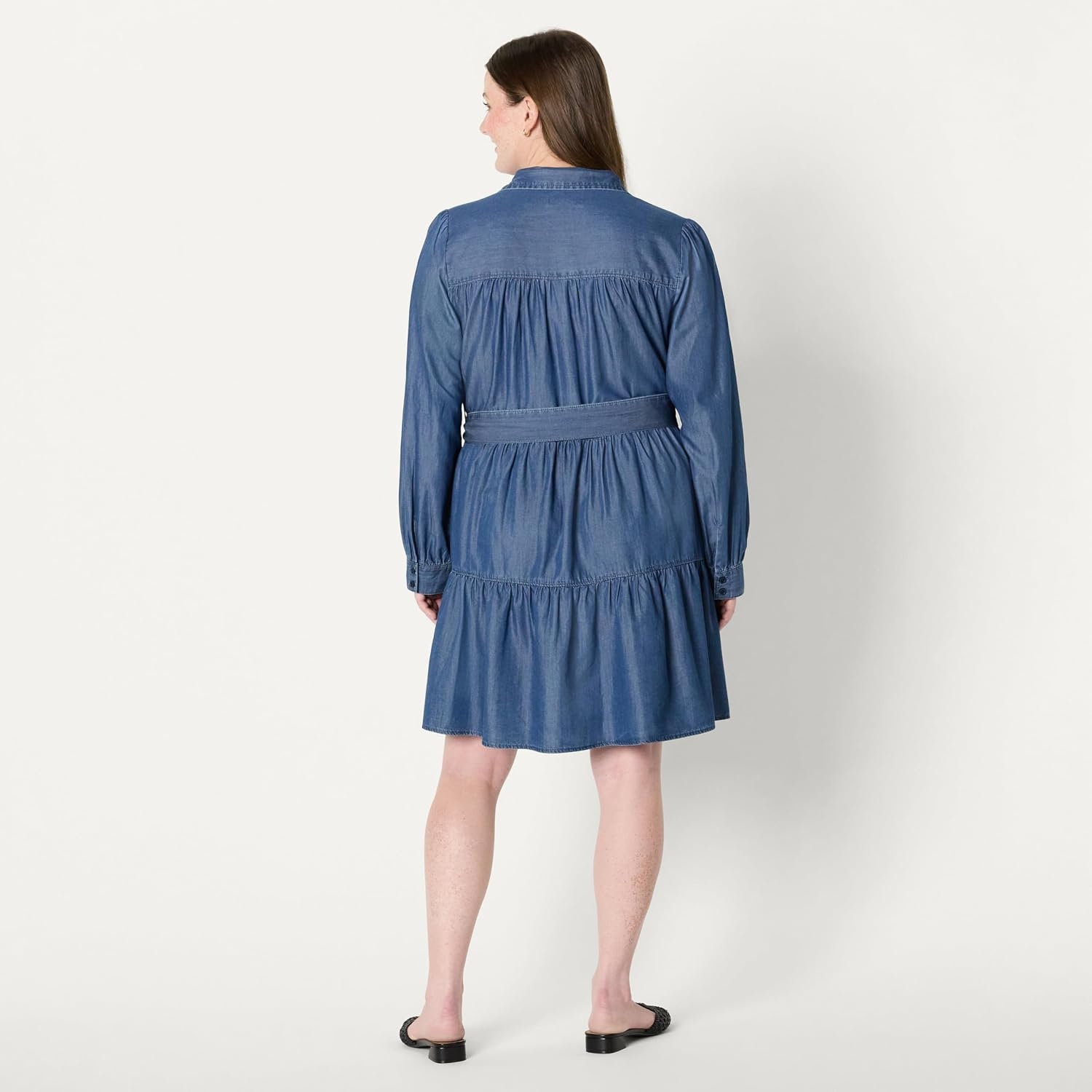 image:imageAmazon Essentials Womens RegularFit Denim Chambray LongSleeve DressClassic Medium Wash