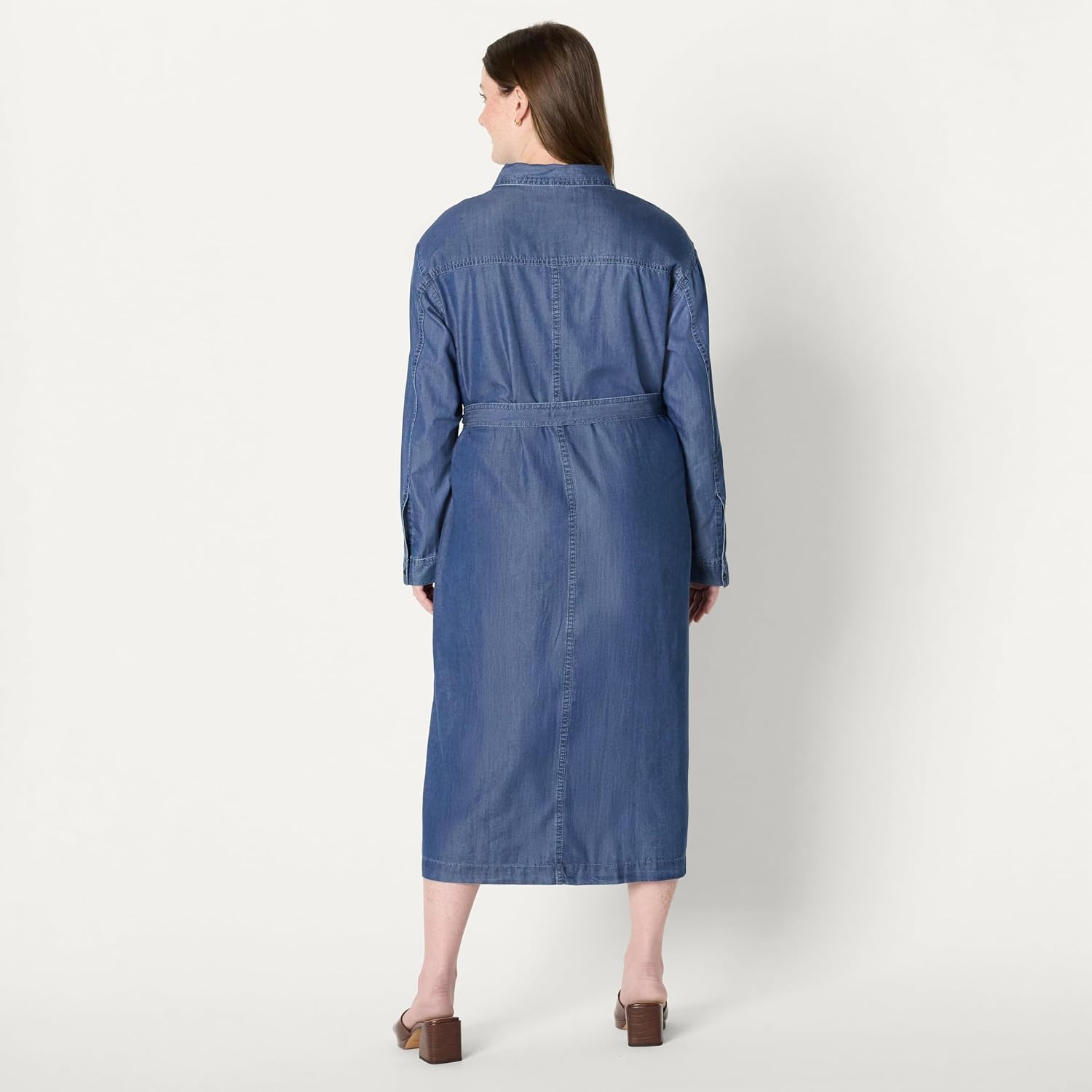 image:imageAmazon Essentials Womens RegularFit Denim Chambray LongSleeve DressClassic Medium Wash