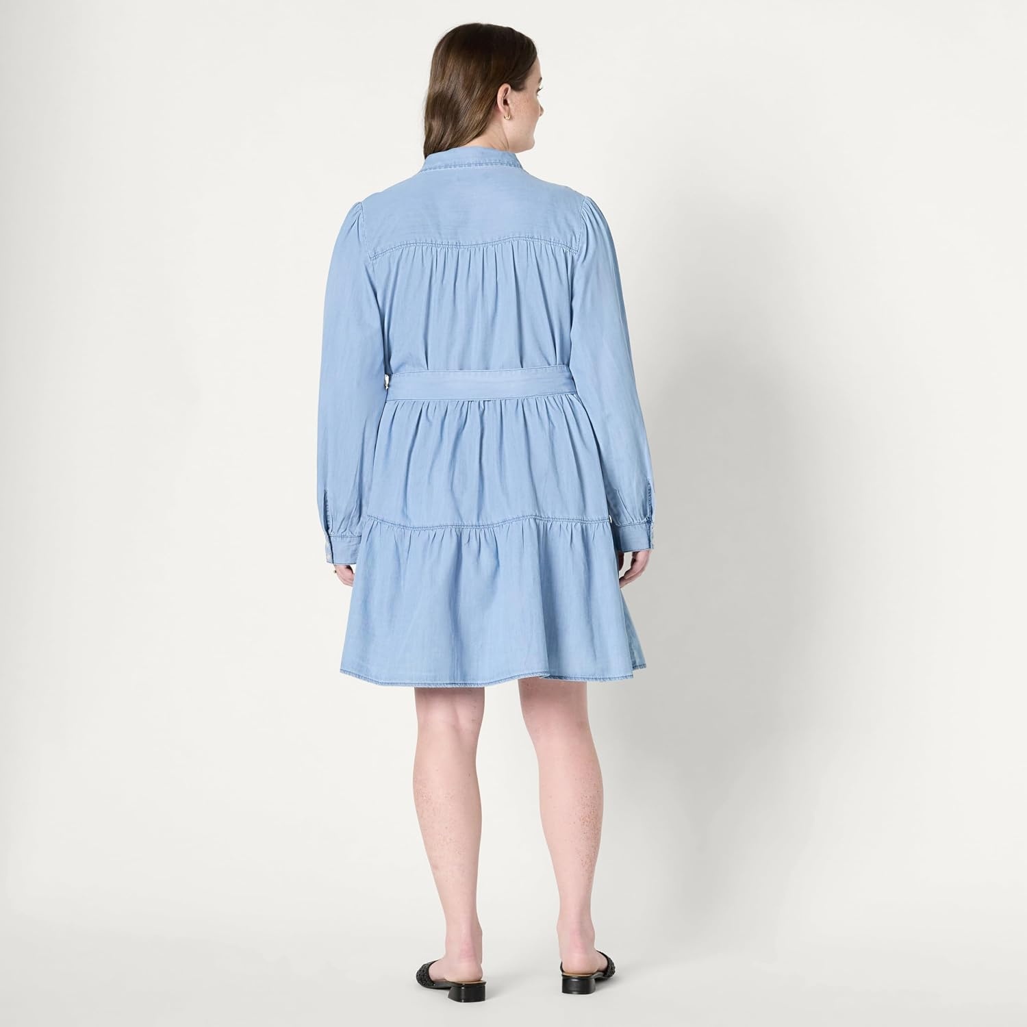 image:imageAmazon Essentials Womens RegularFit Denim Chambray LongSleeve DressIced Blue Light Wash