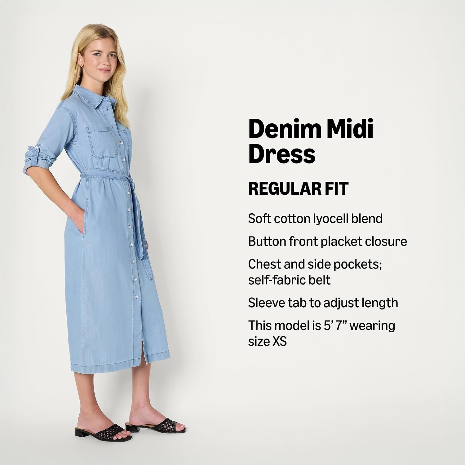 image:imageAmazon Essentials Womens RegularFit Denim Chambray LongSleeve DressIced Blue Light Wash