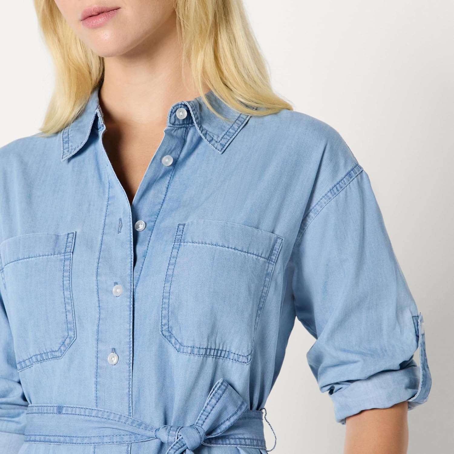 image:imageAmazon Essentials Womens RegularFit Denim Chambray LongSleeve DressIced Blue Light Wash