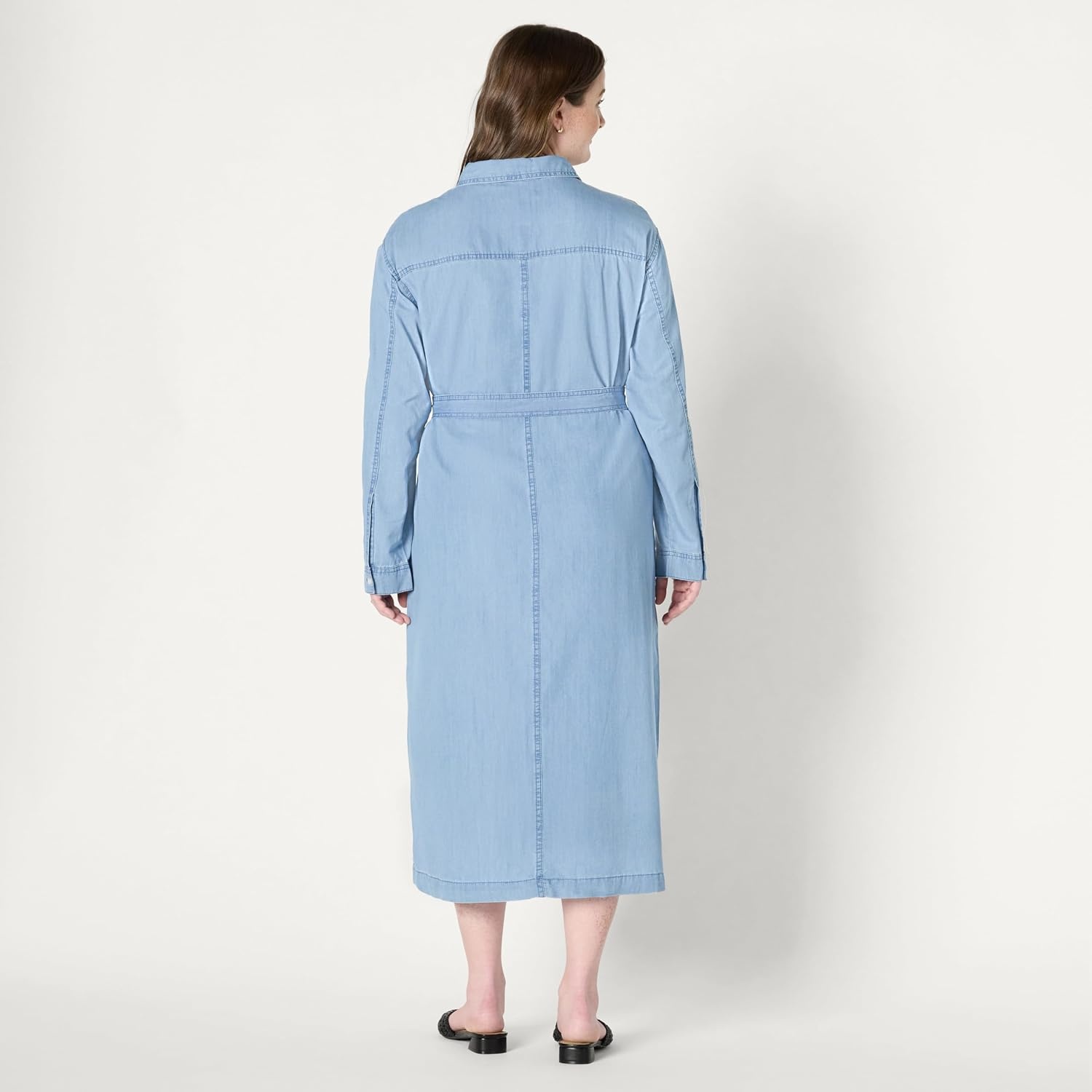 image:imageAmazon Essentials Womens RegularFit Denim Chambray LongSleeve DressIced Blue Light Wash